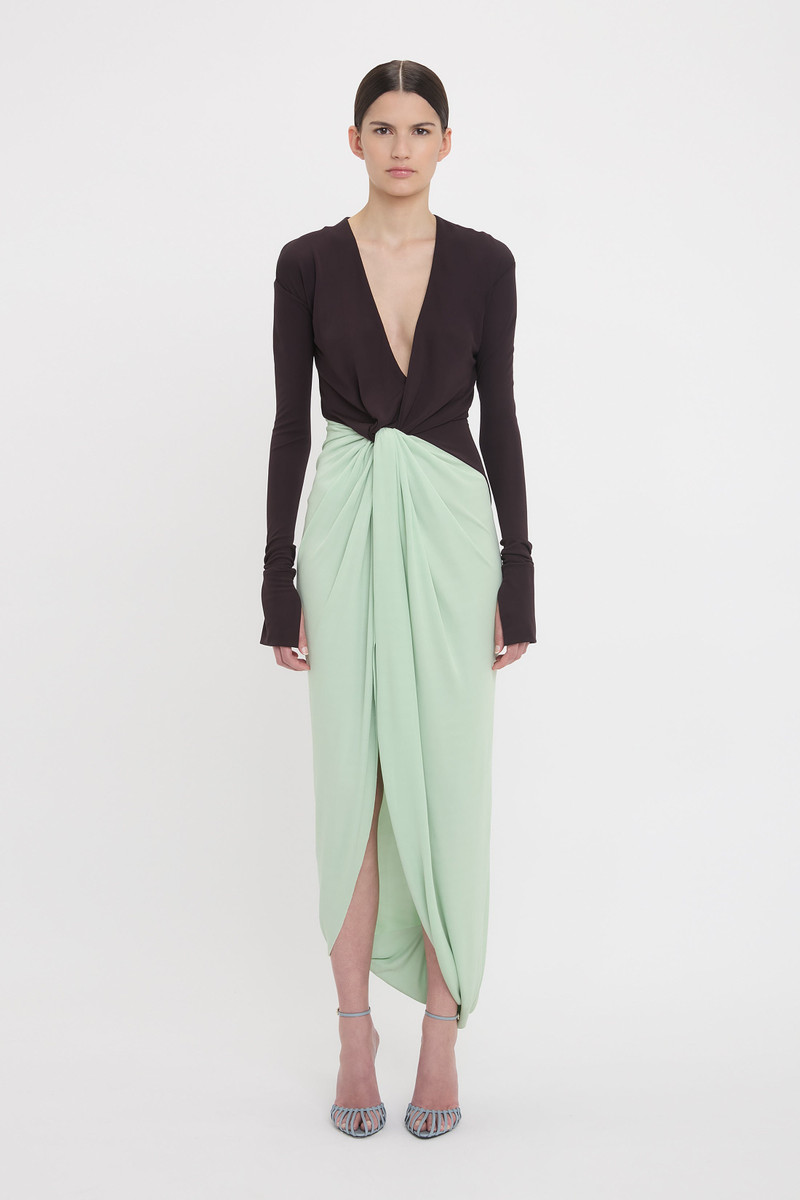 Victoria Beckham Long Sleeve Knot Detail Jersey Gown In Ebony-Jade outlook