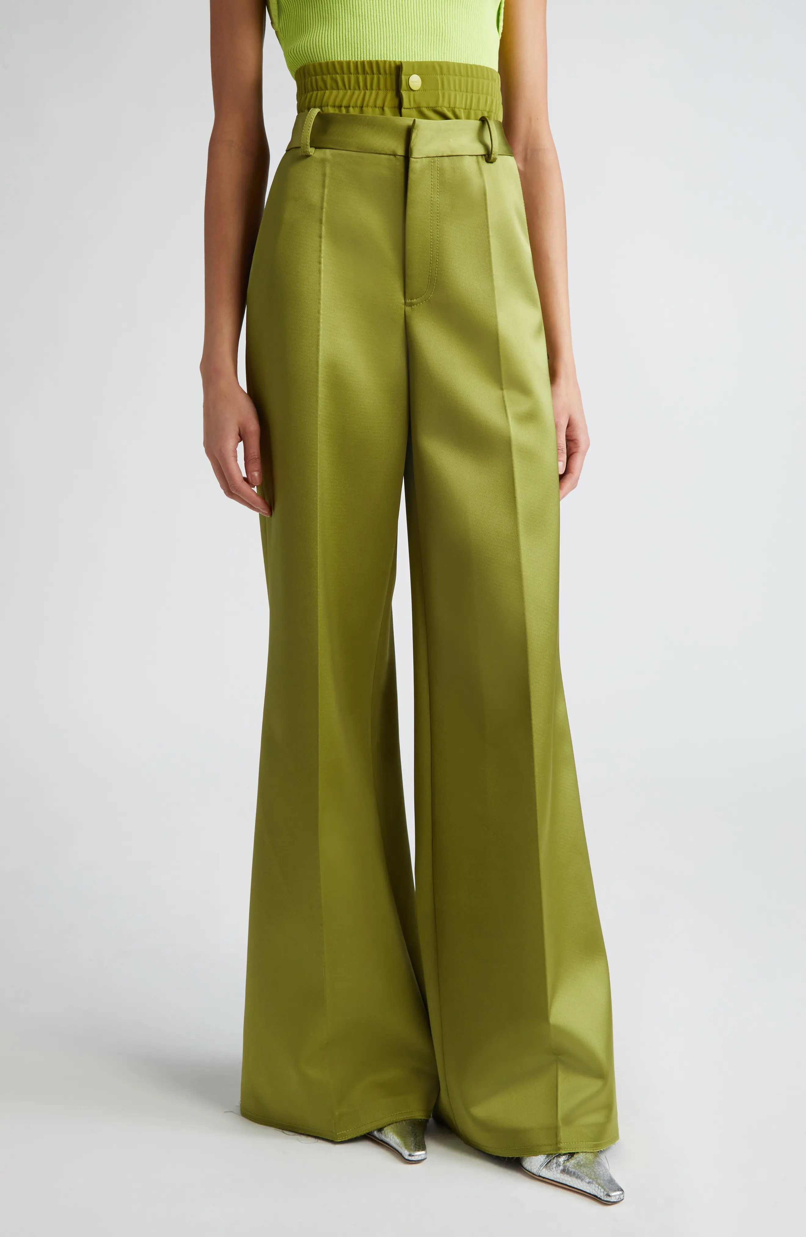 Double Waistband Satin Flare Leg Pants - 1