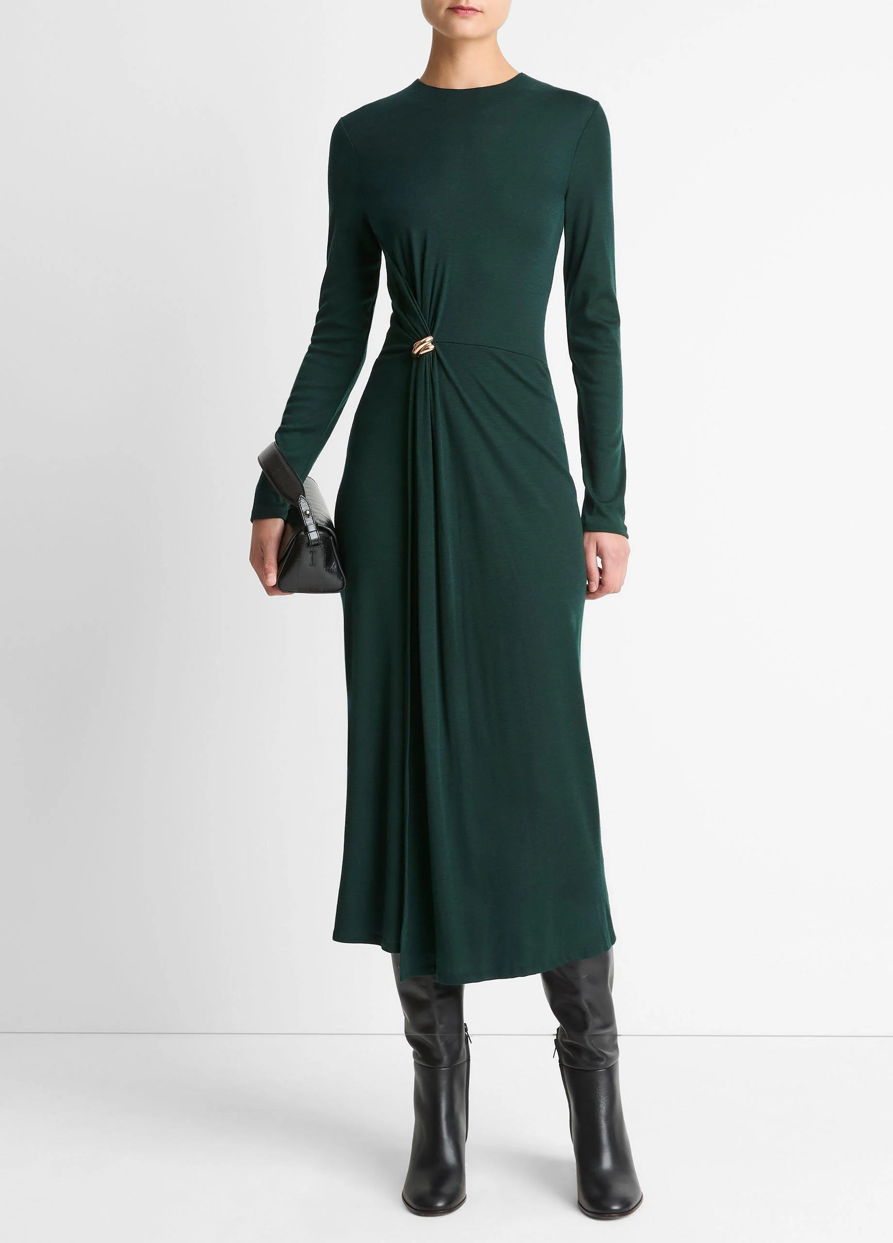 Cinched-Waist Wool-Blend Long-Sleeve Dress - 1