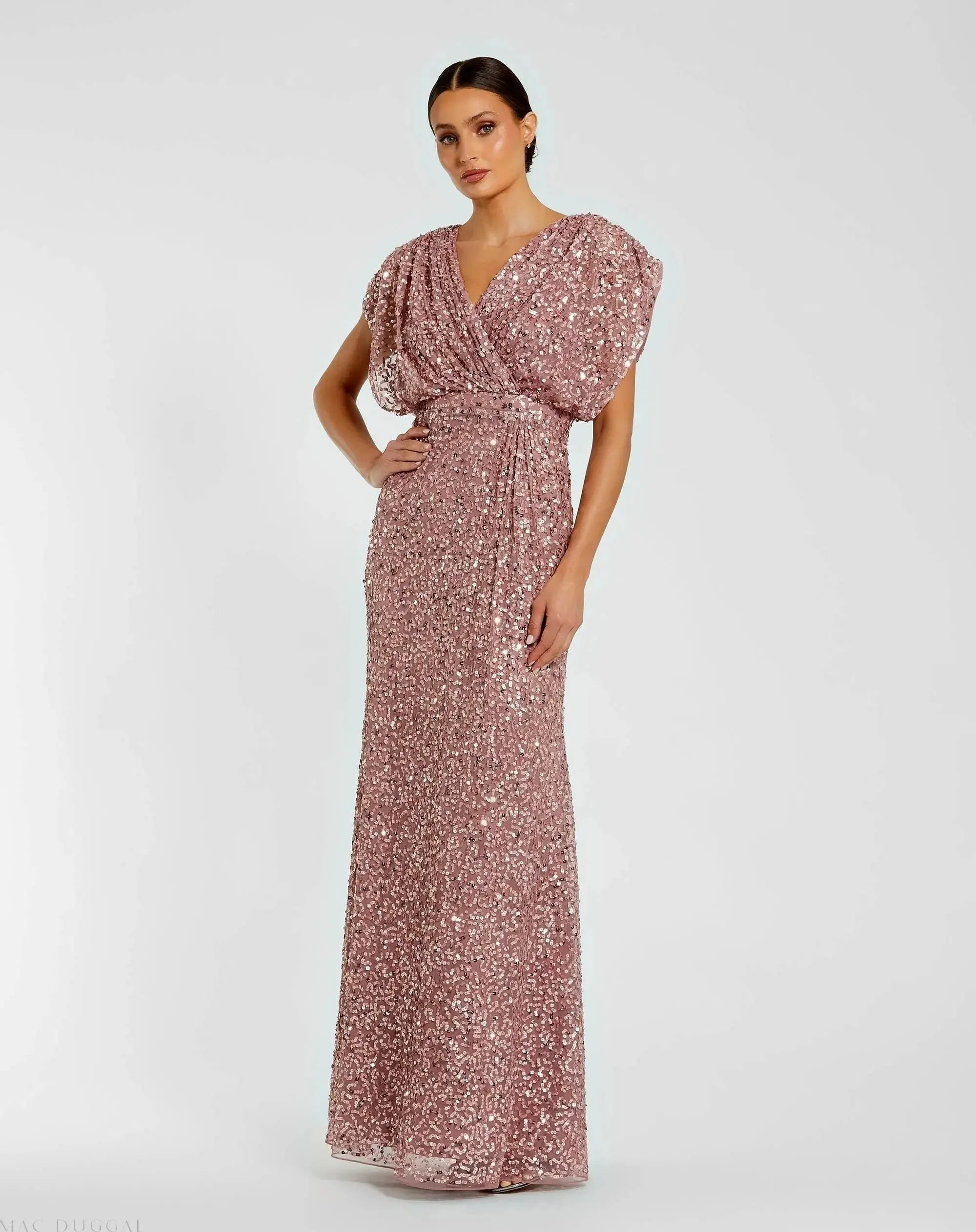 Vintage Lilac Sequin Draped Sleeve V-Neck Gown - 1