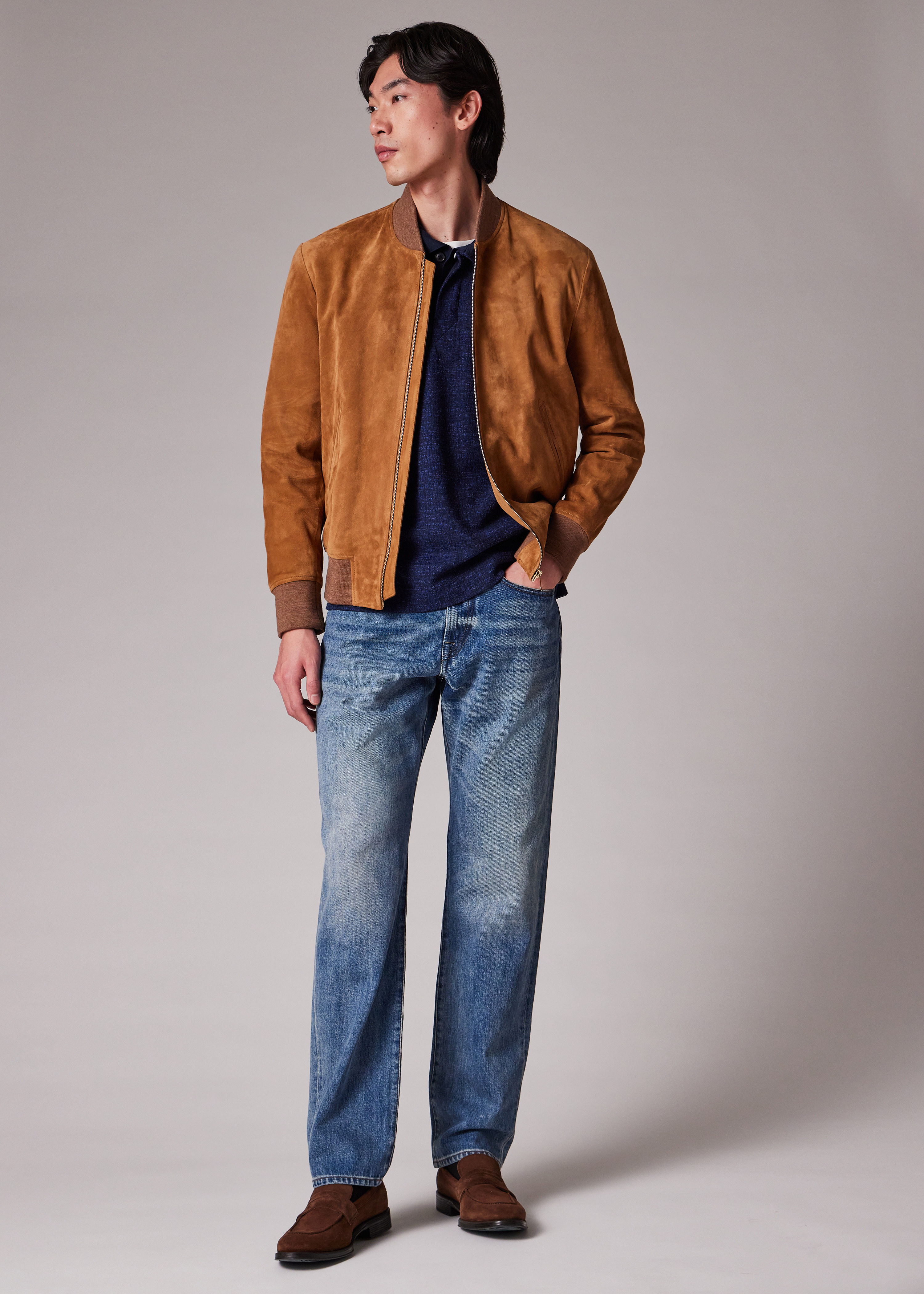 Tan Suede Zip Bomber Jacket - 7