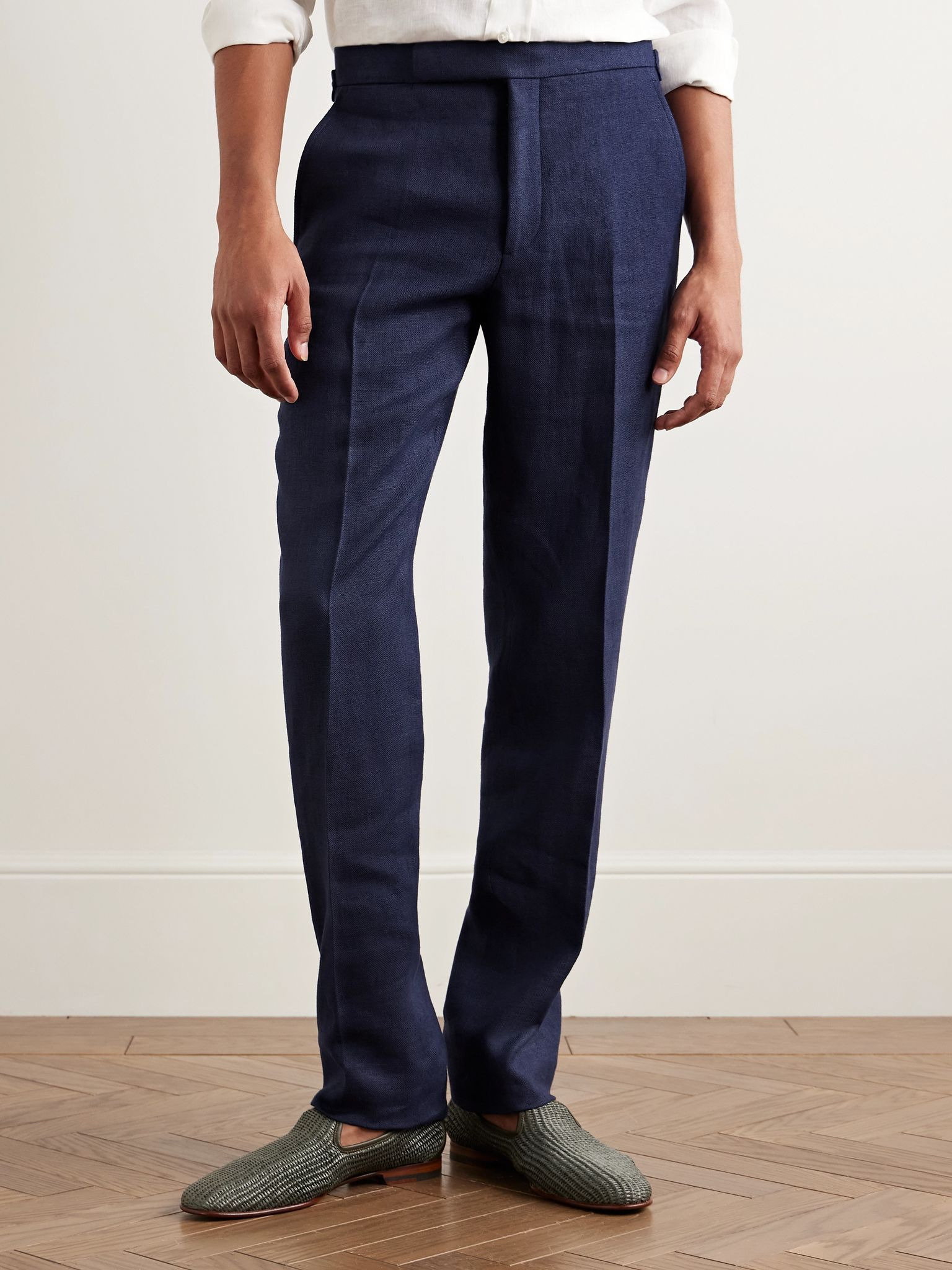 Slim-Fit Tapered Linen Trousers Navy - 3