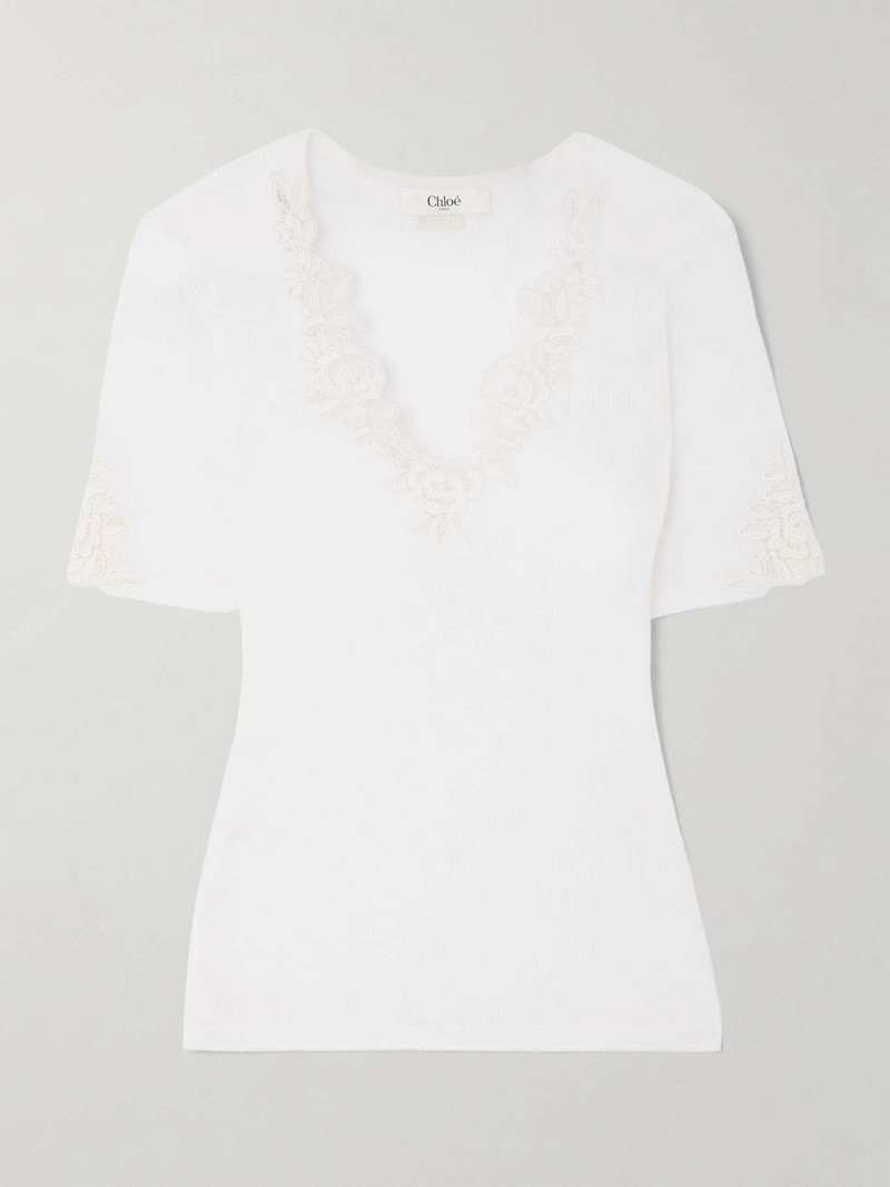 Chloé Lace-trimmed ribbed wool top White outlook