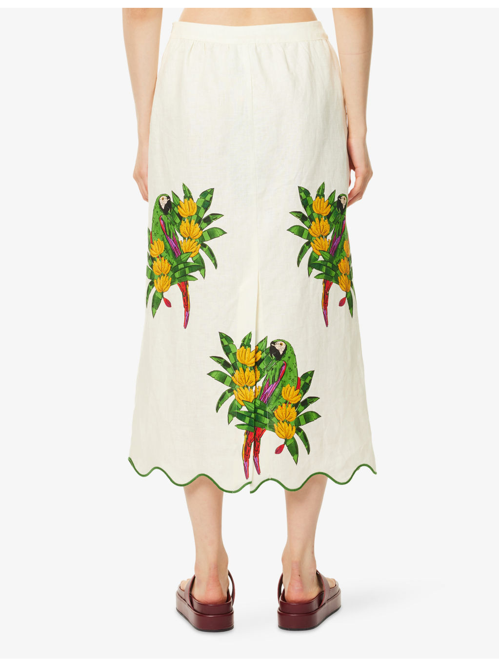 Graphic-Pattern Scalloped Linen Midi Skirt - 4