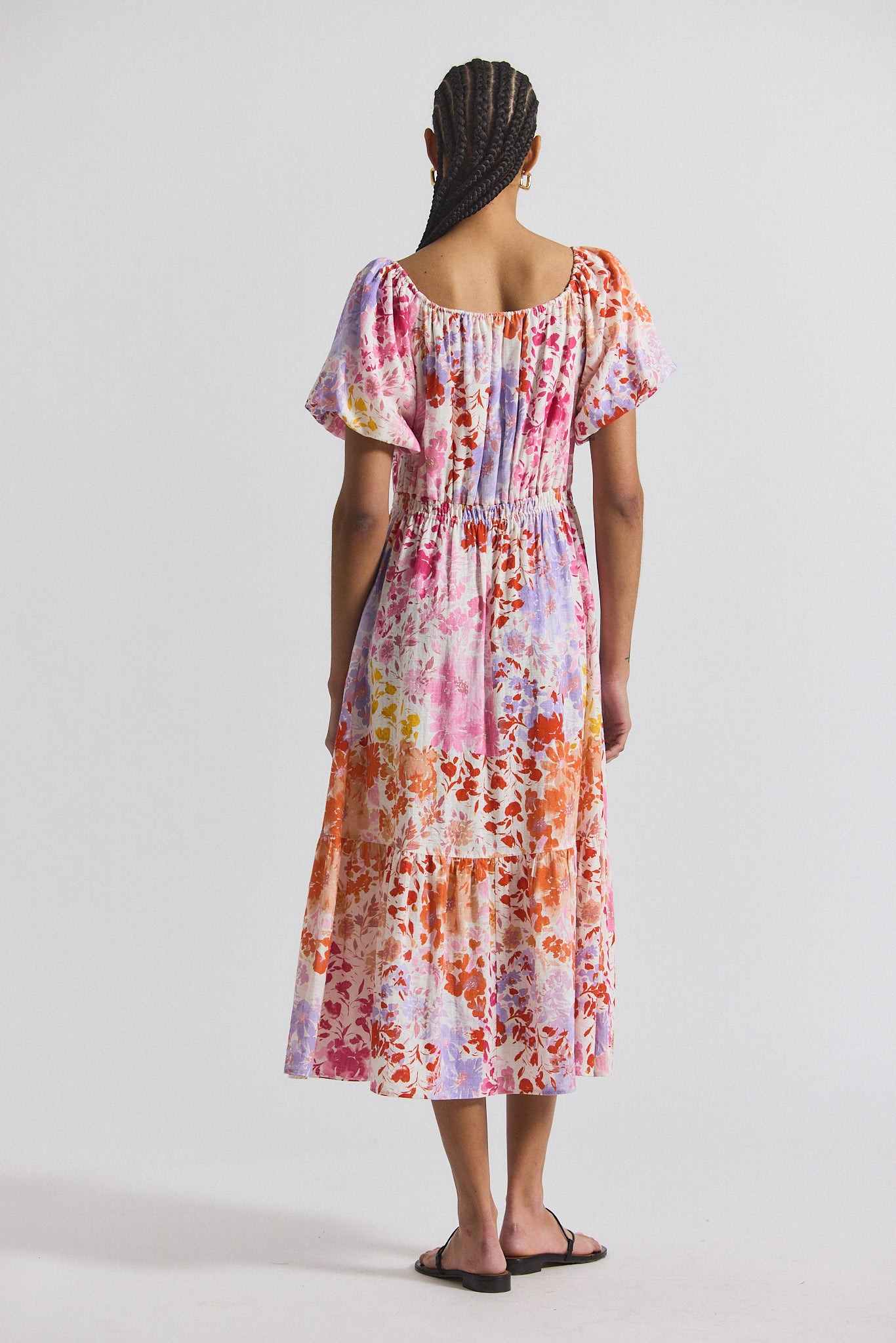 LAINE FLORAL PRINTED STRETCH LINEN PUFF SLEEVE MAXI DRESS - 4