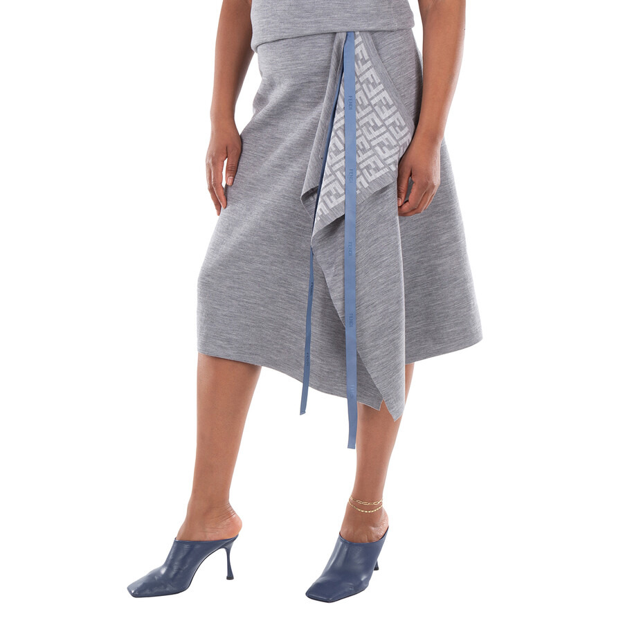 Fendi Logo Pattern Midi Drape Wool Skirt - 4