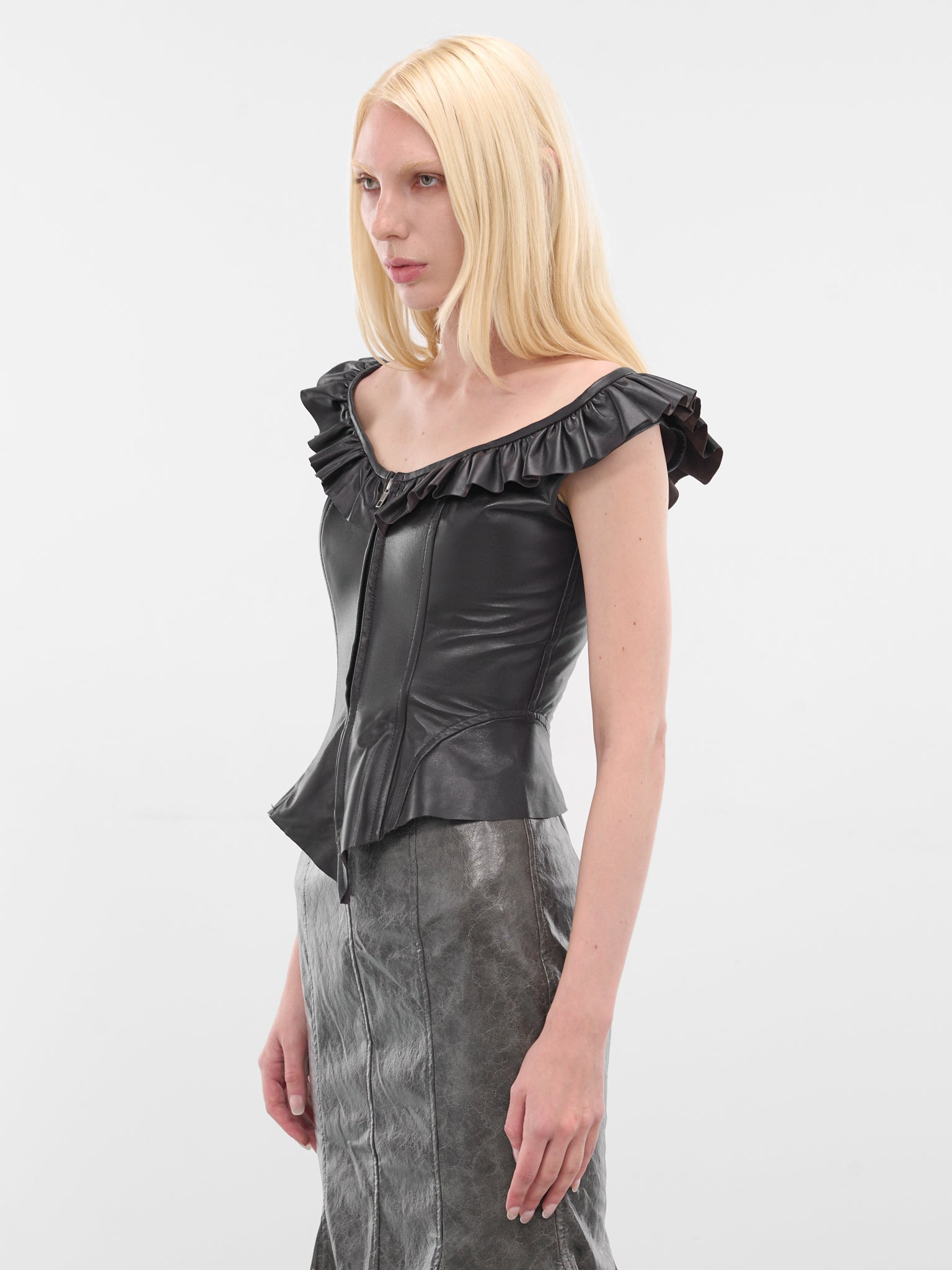 Black Frilled Leather Vest - 2