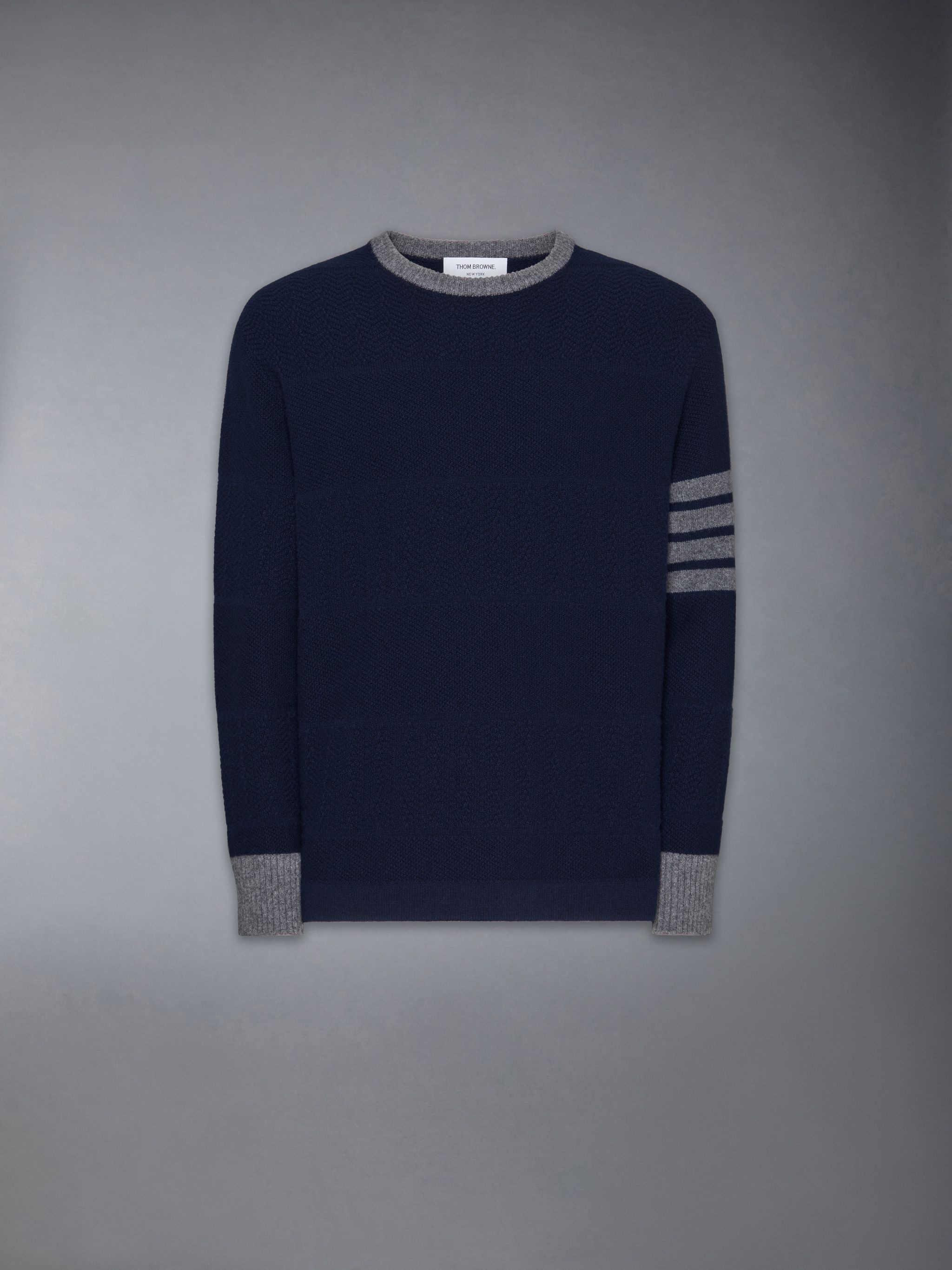 Merino Wool 4-Bar Textured Rugby Stripe Crew Neck Pullover - 7