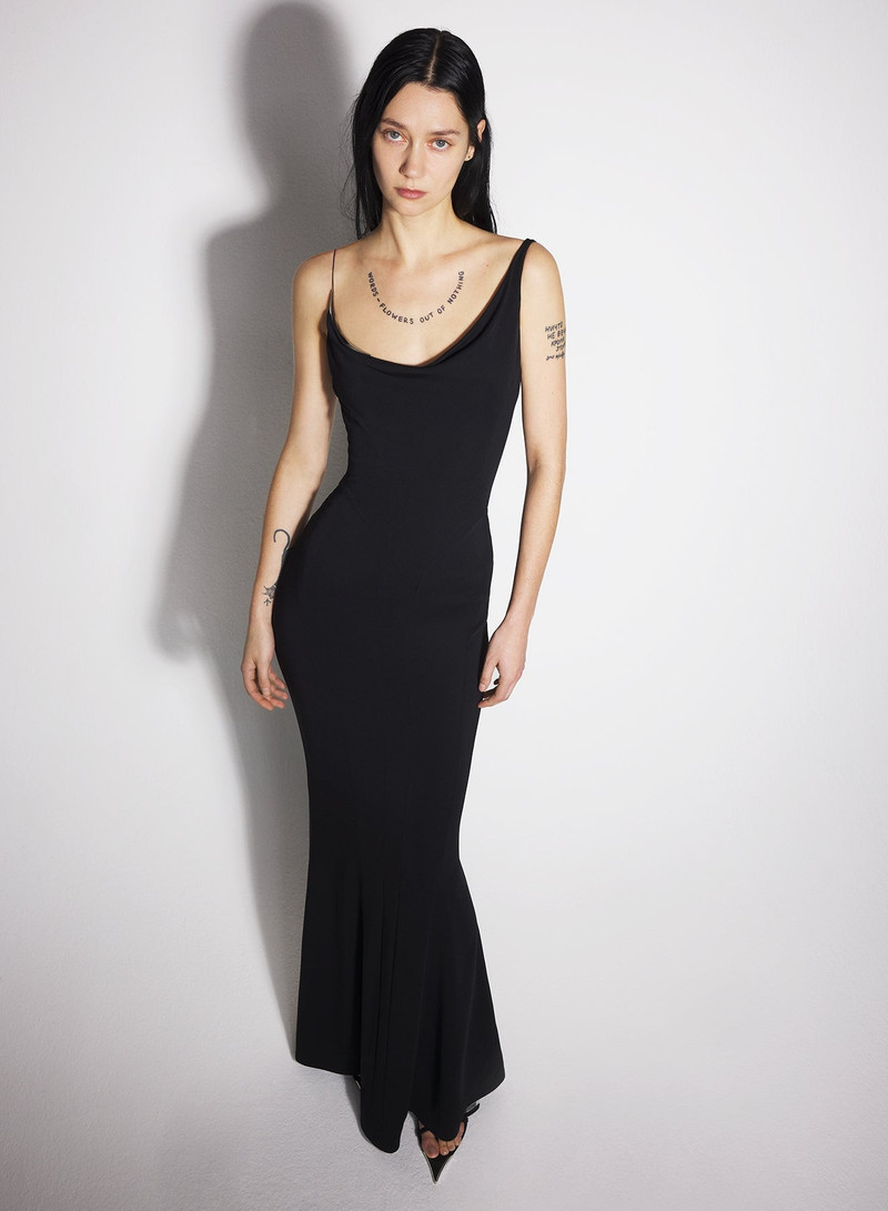 black crepe gown with metallic detail 1
