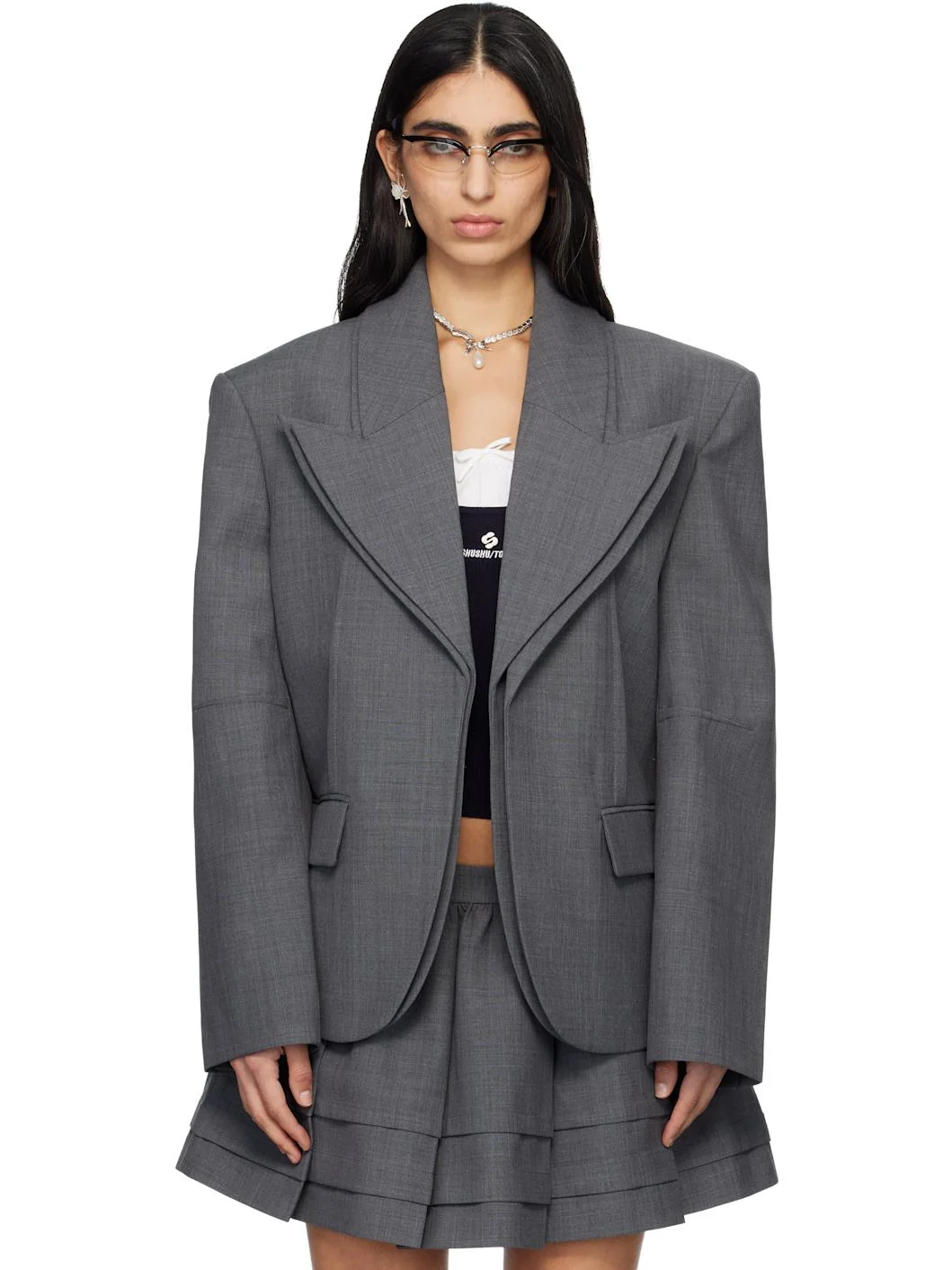 Gray Peak Lapel Oversized Blazer - 1