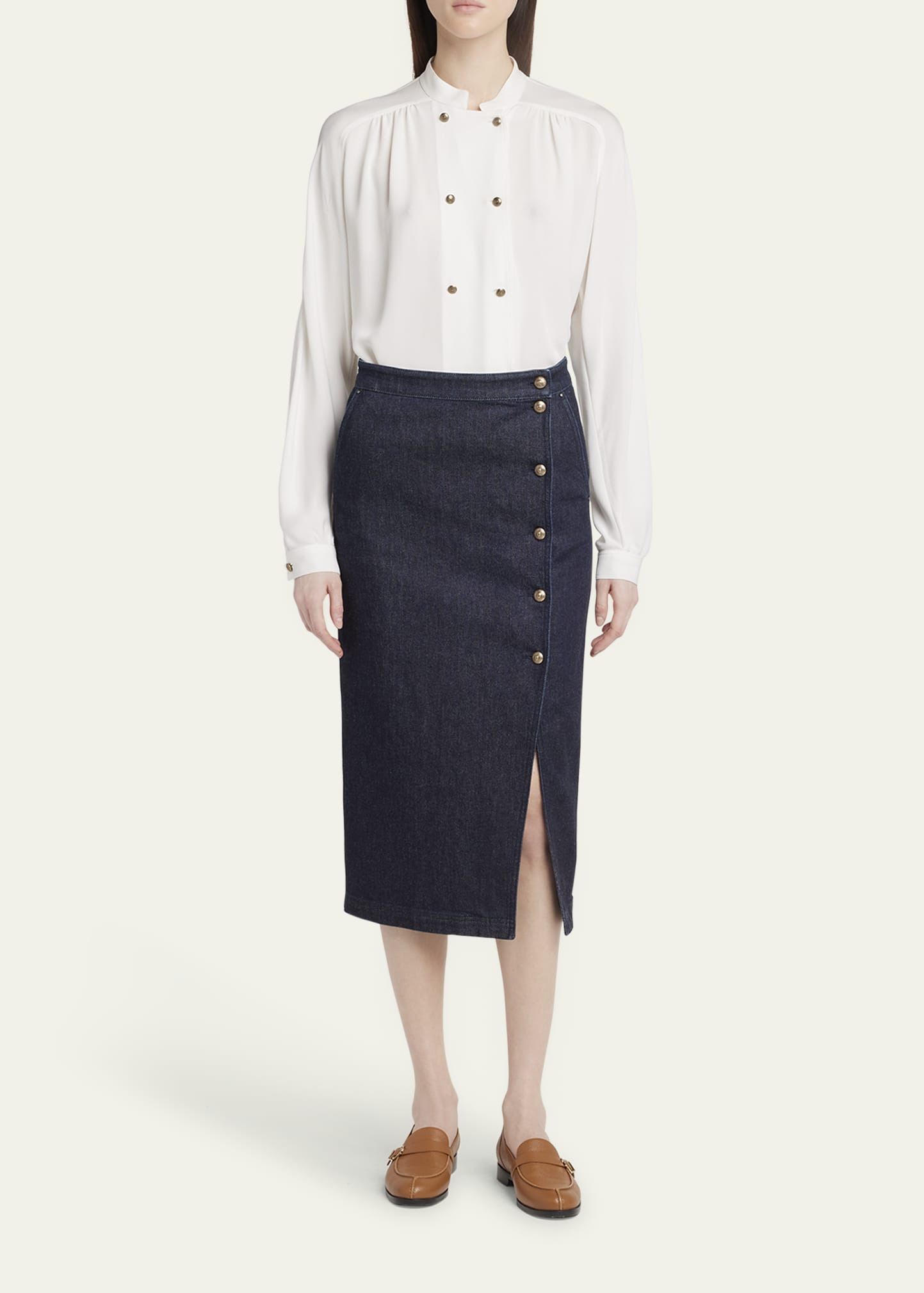 Cotton-Cashmere Denim Button Midi Skirt - 2