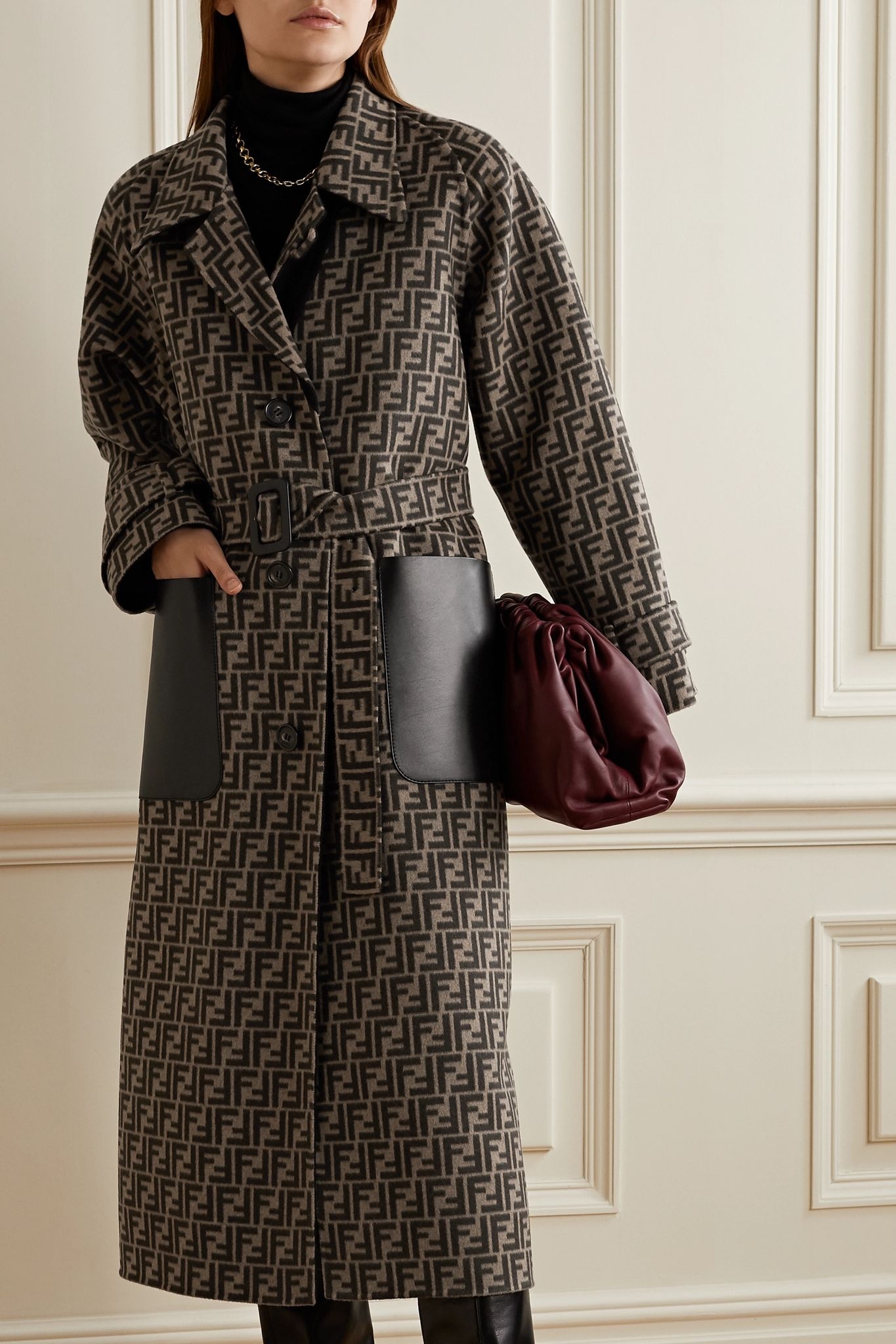 Reversible belted leather-trimmed wool and silk-blend jacquard coat - 6