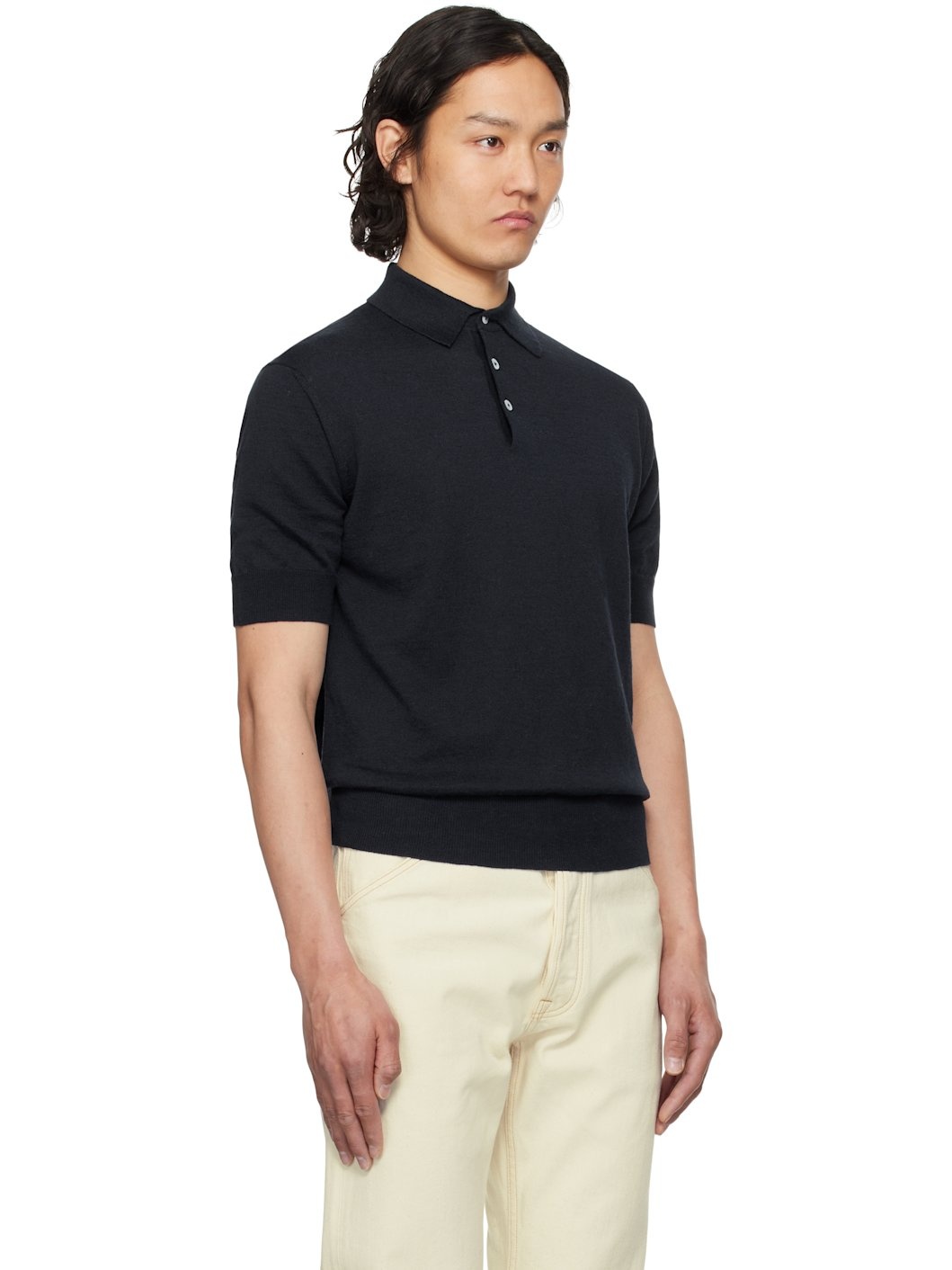 Navy Knitted Linen-Cotton Short-Sleeve Polo - 2