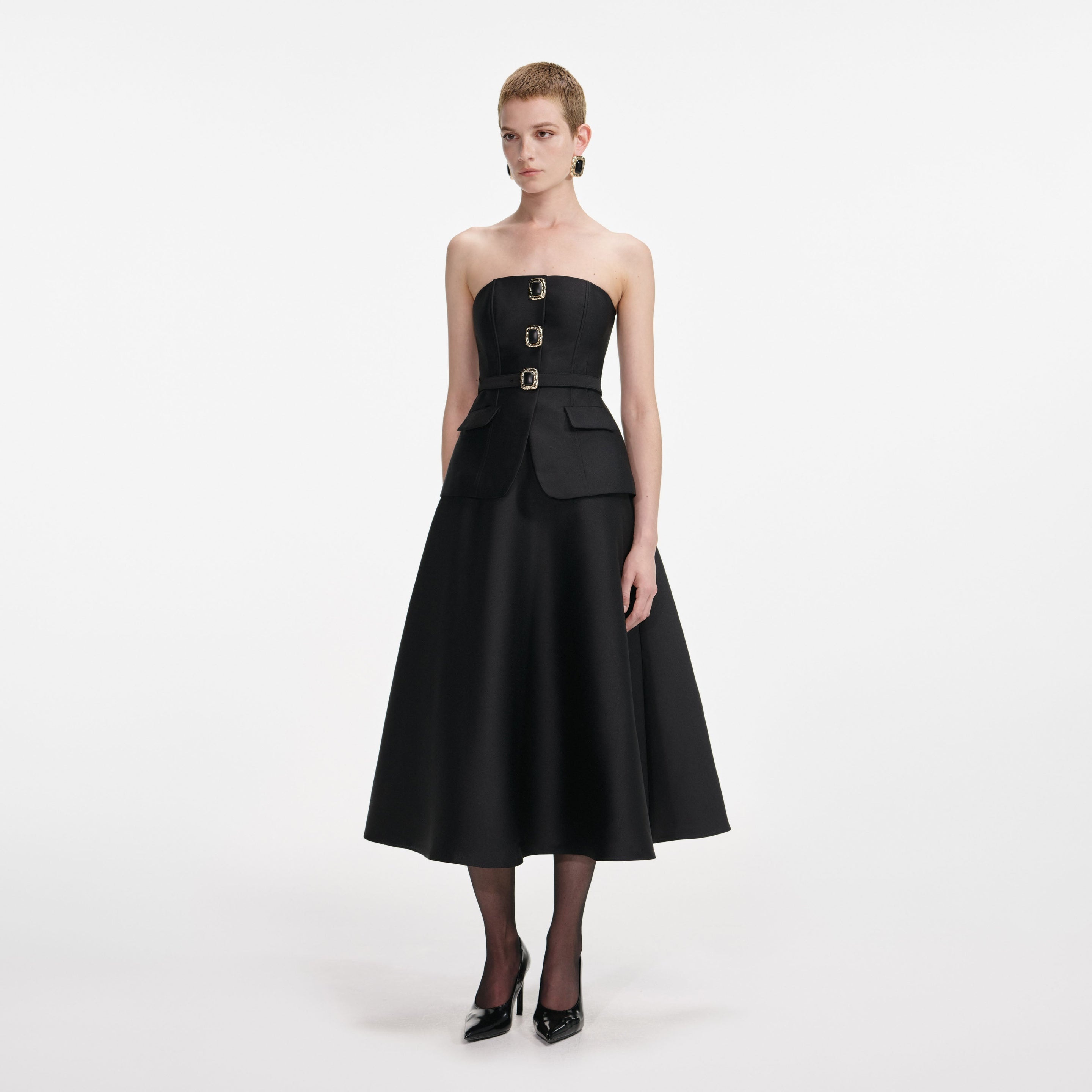Black Taffeta Bandeau Midi Dress - 2