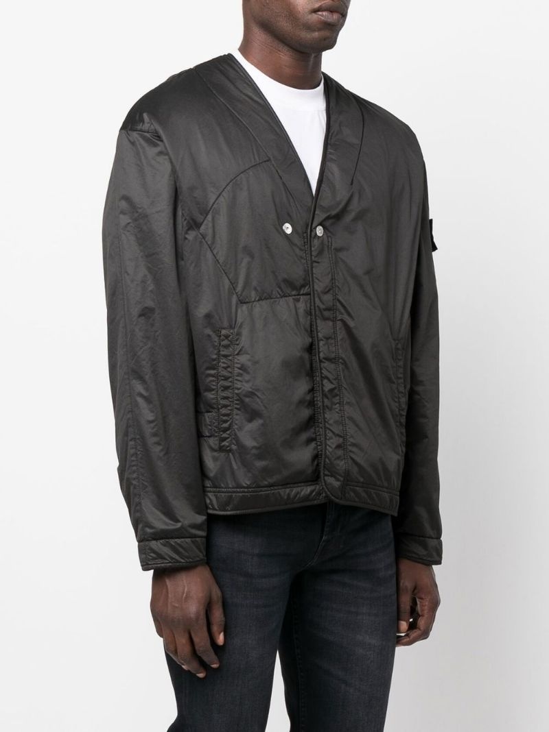 logo-patch collarless jacket - 3