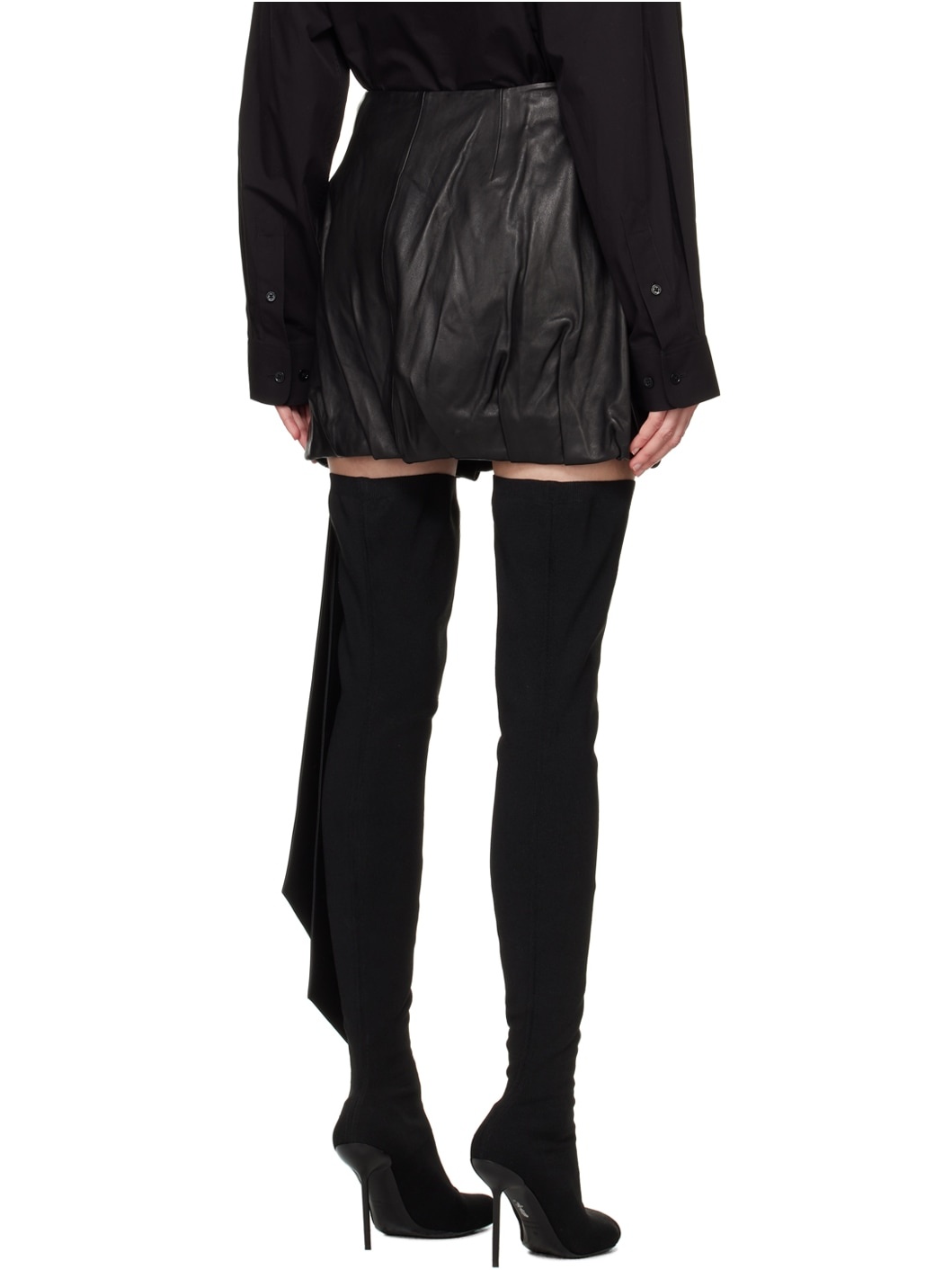 Black Ballooned Leather Miniskirt - 3