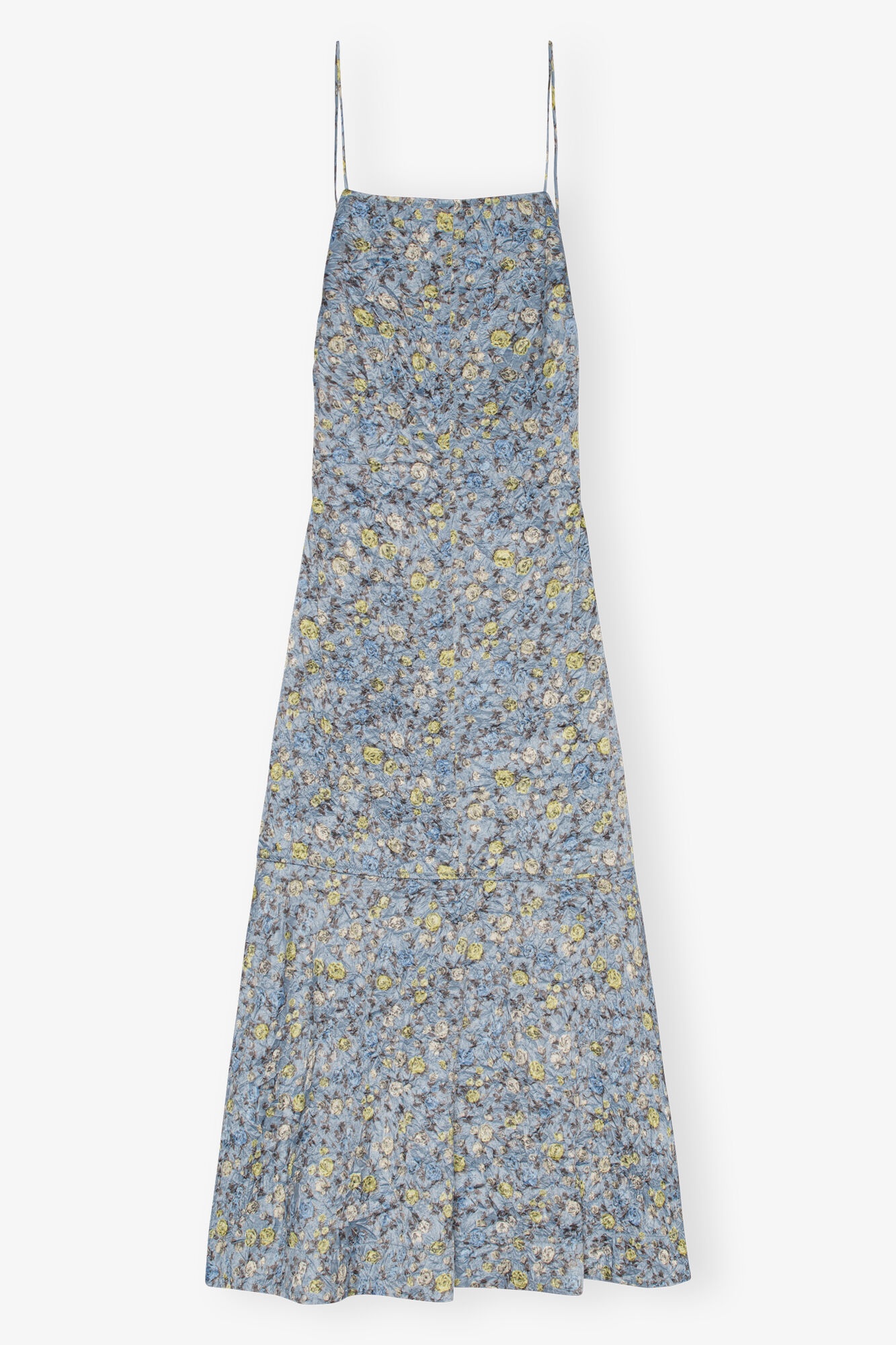 BLUE FLORAL CRINKLED SATIN LONG DRESS - 1