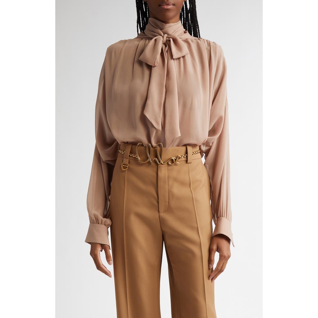 Chloé Gathered Tie Neck Long Sleeve Organic Silk Top in Dusty Beige at Nordstrom - 1