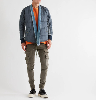 Greg Lauren Distressed Denim-Trimmed Embroidered Panelled Shell and Jersey Bomber Jacket outlook