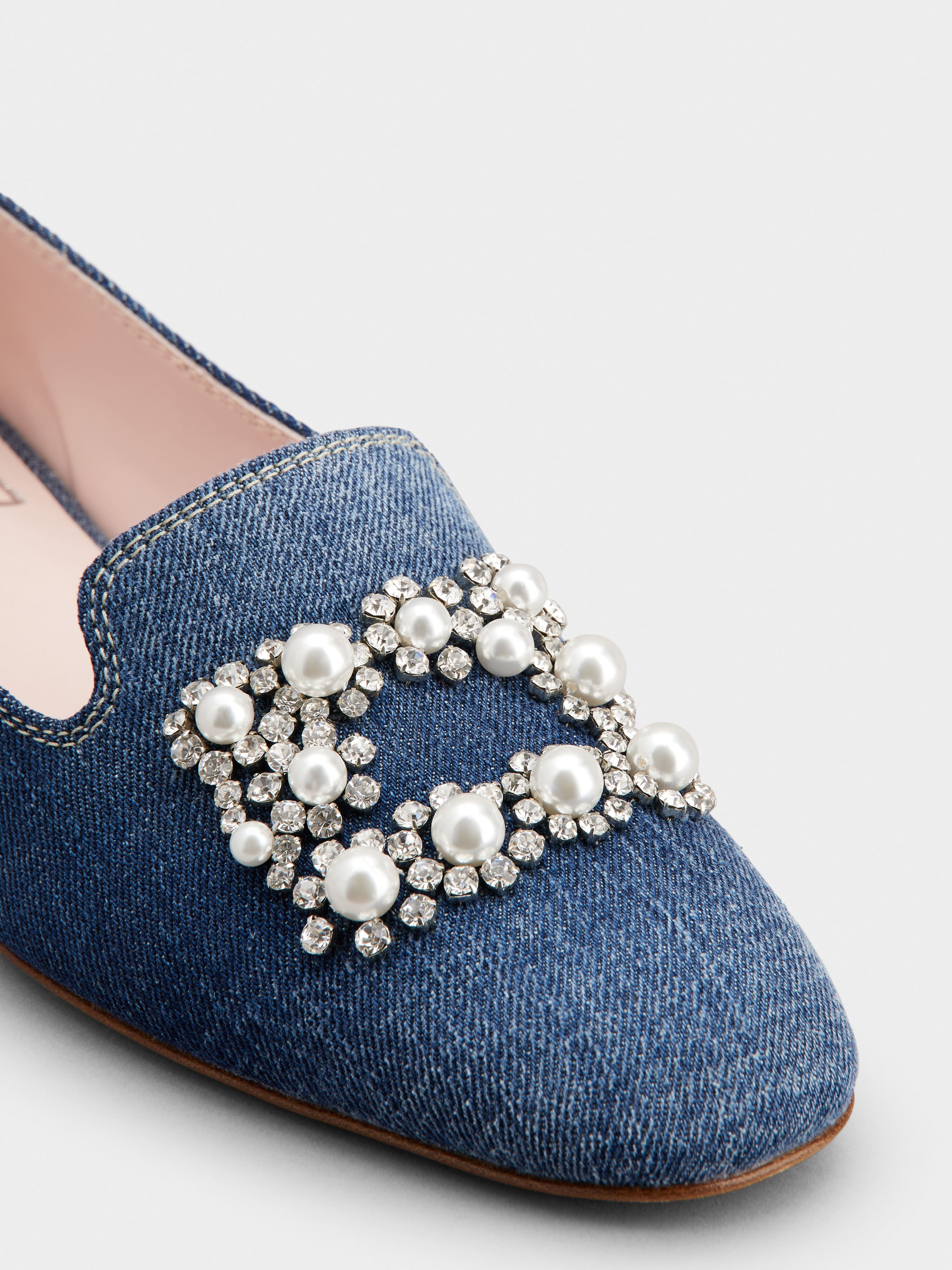 Pearl Embroidered Buckle Loafers in Denim - 3