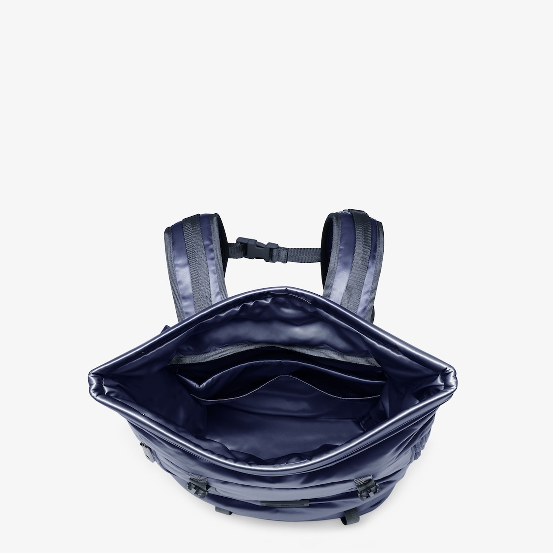 Rolltop blue nylon backpack decorated with enameled tone on tone Baguette buckle. Button and hidden  - 4