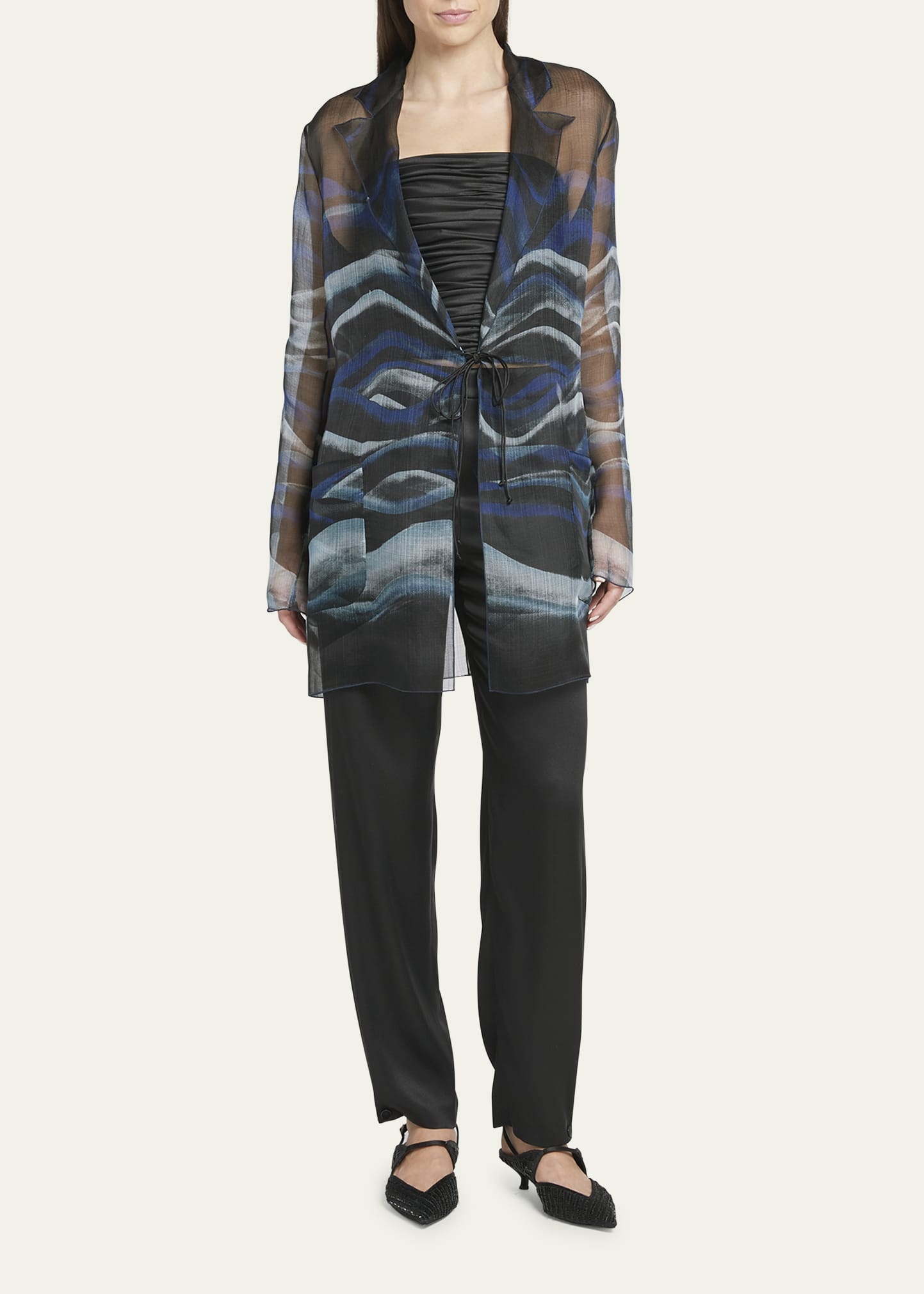 Night Water Print Self-Tie Silk Blouse Jacket - 2