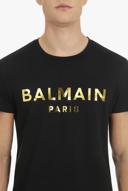 Black cotton T-shirt with gold metallic-effect Balmain Paris logo - 8