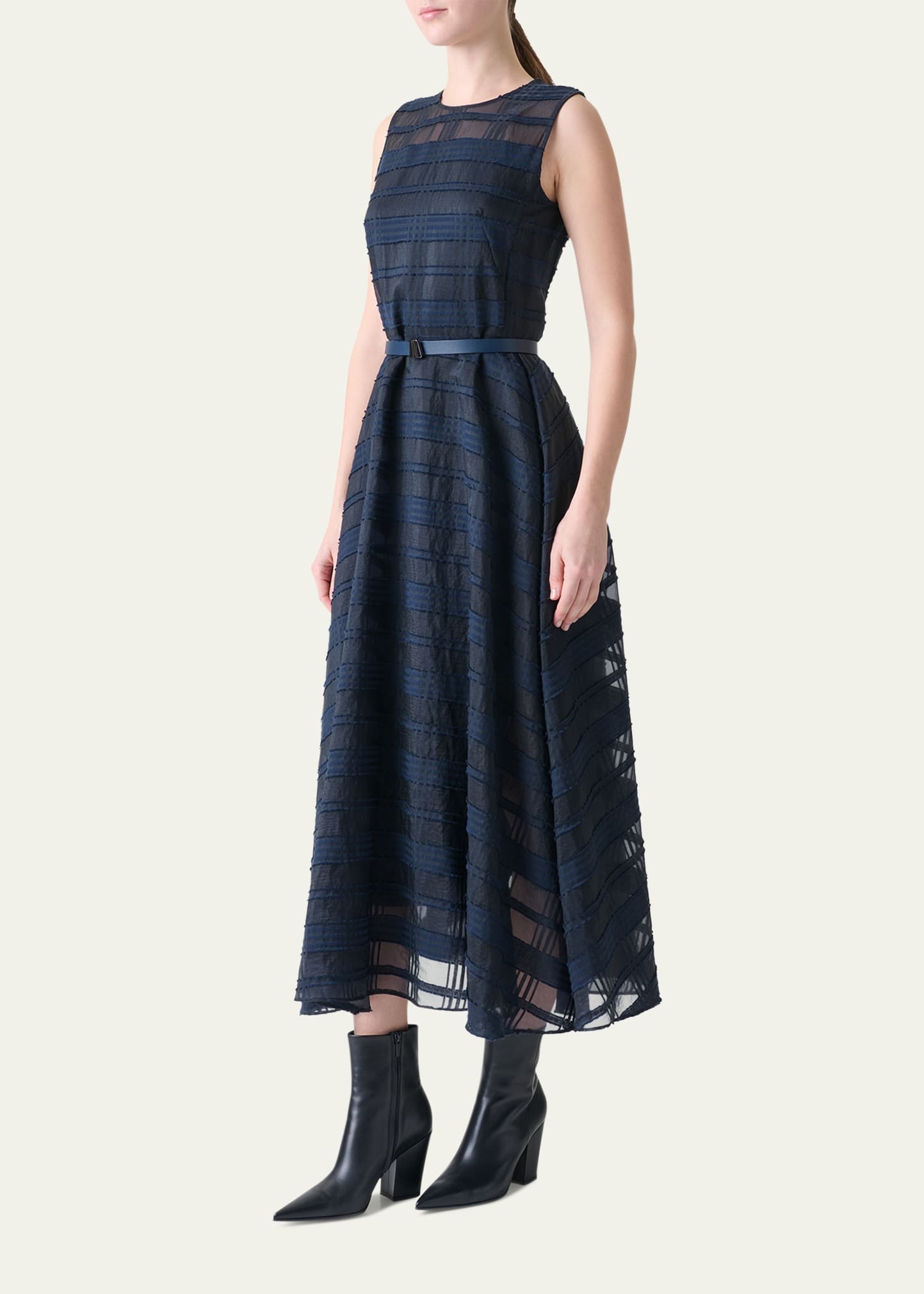 Organdy Plaid Sleeveless A-Line Midi Dress With Belt - 4