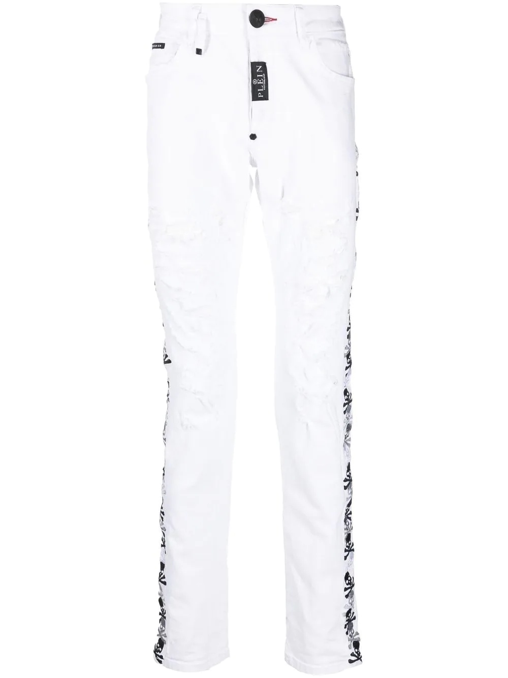 distressed skull-embroidered skinny jeans - 1