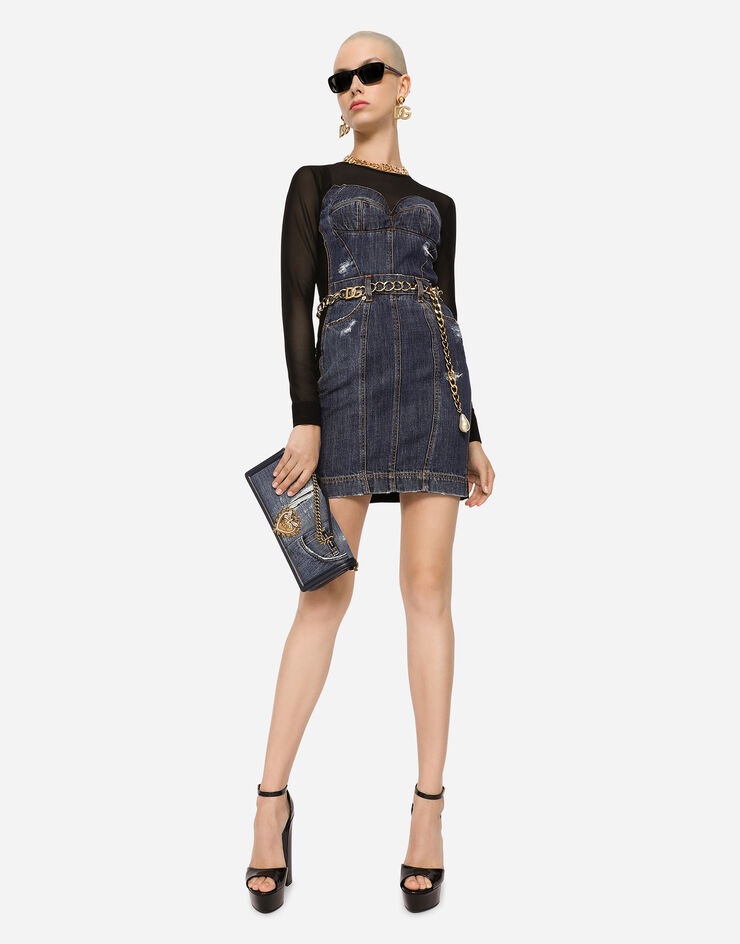 Short patchwork denim and tulle dress - 3