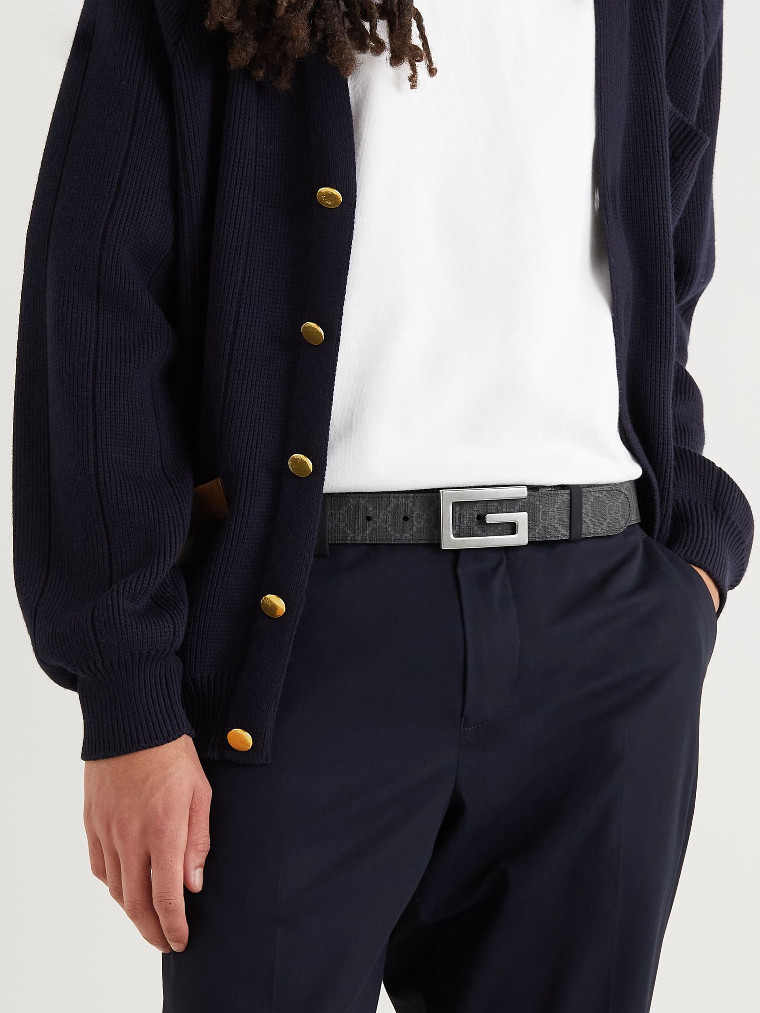 3.5cm Reversible Monogrammed Leather Belt Black - 3