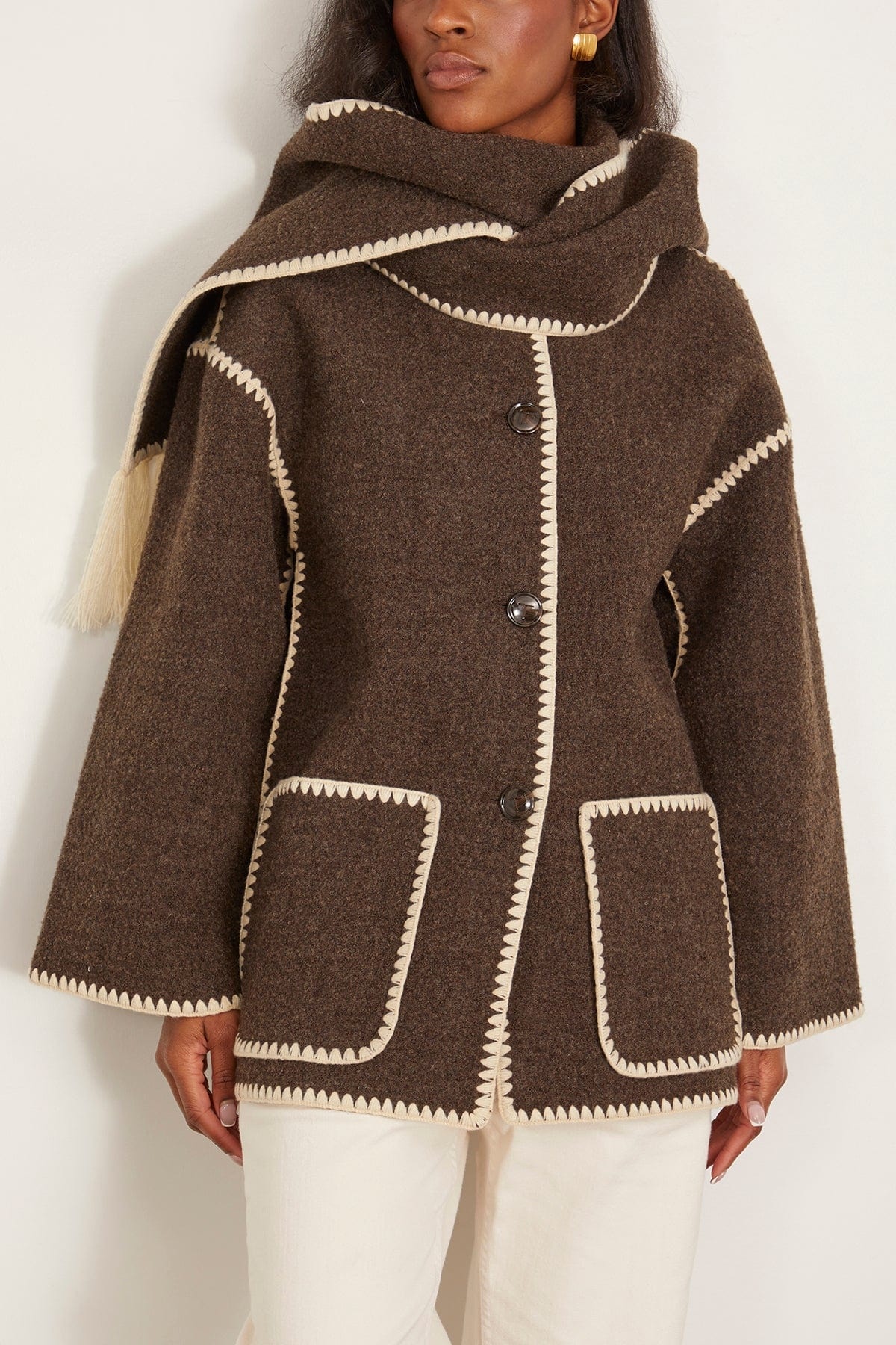 Embroidered Scarf Jacket in Chocolate Melange - 3
