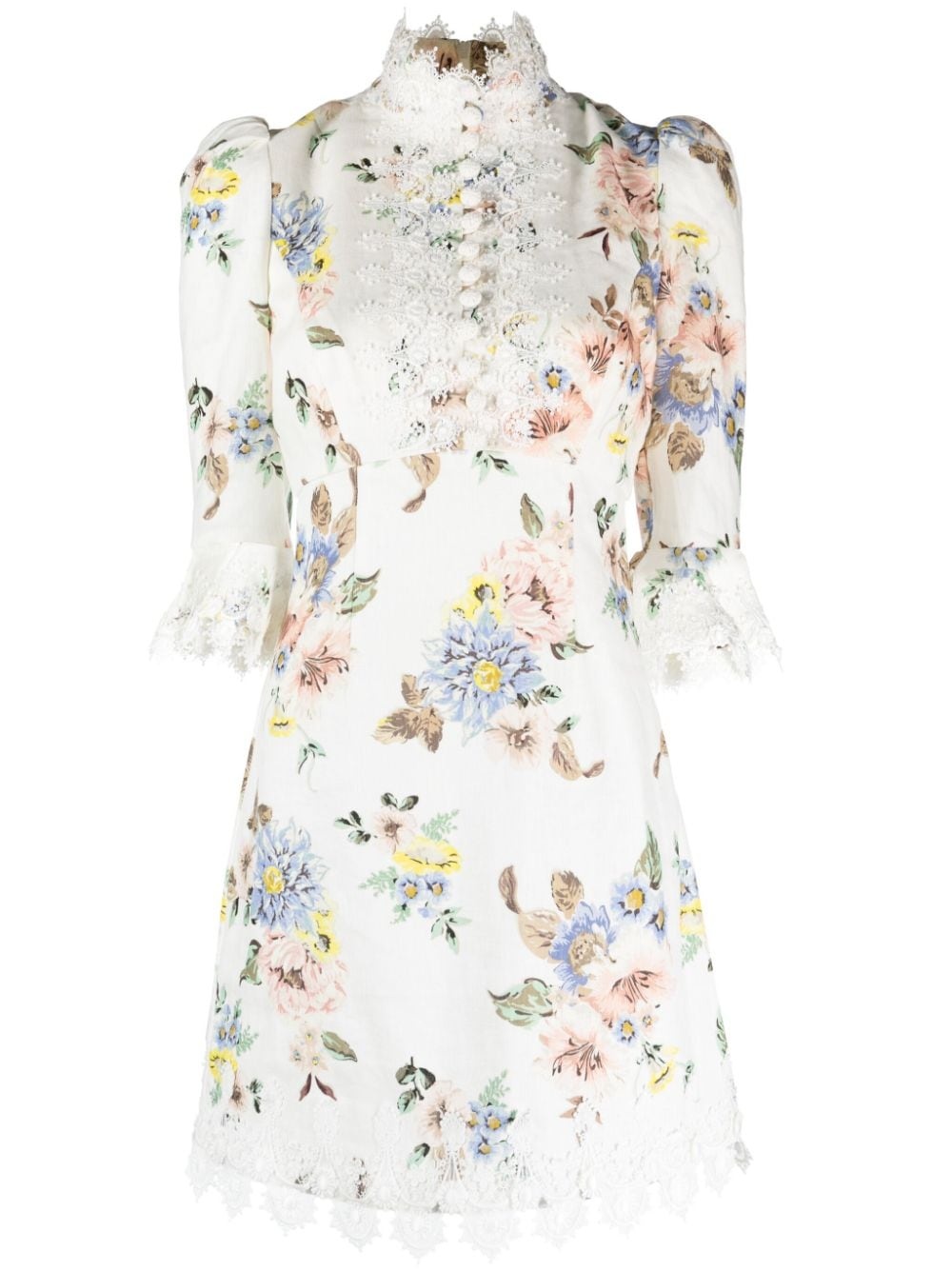 Applique floral-print linen dress - 1