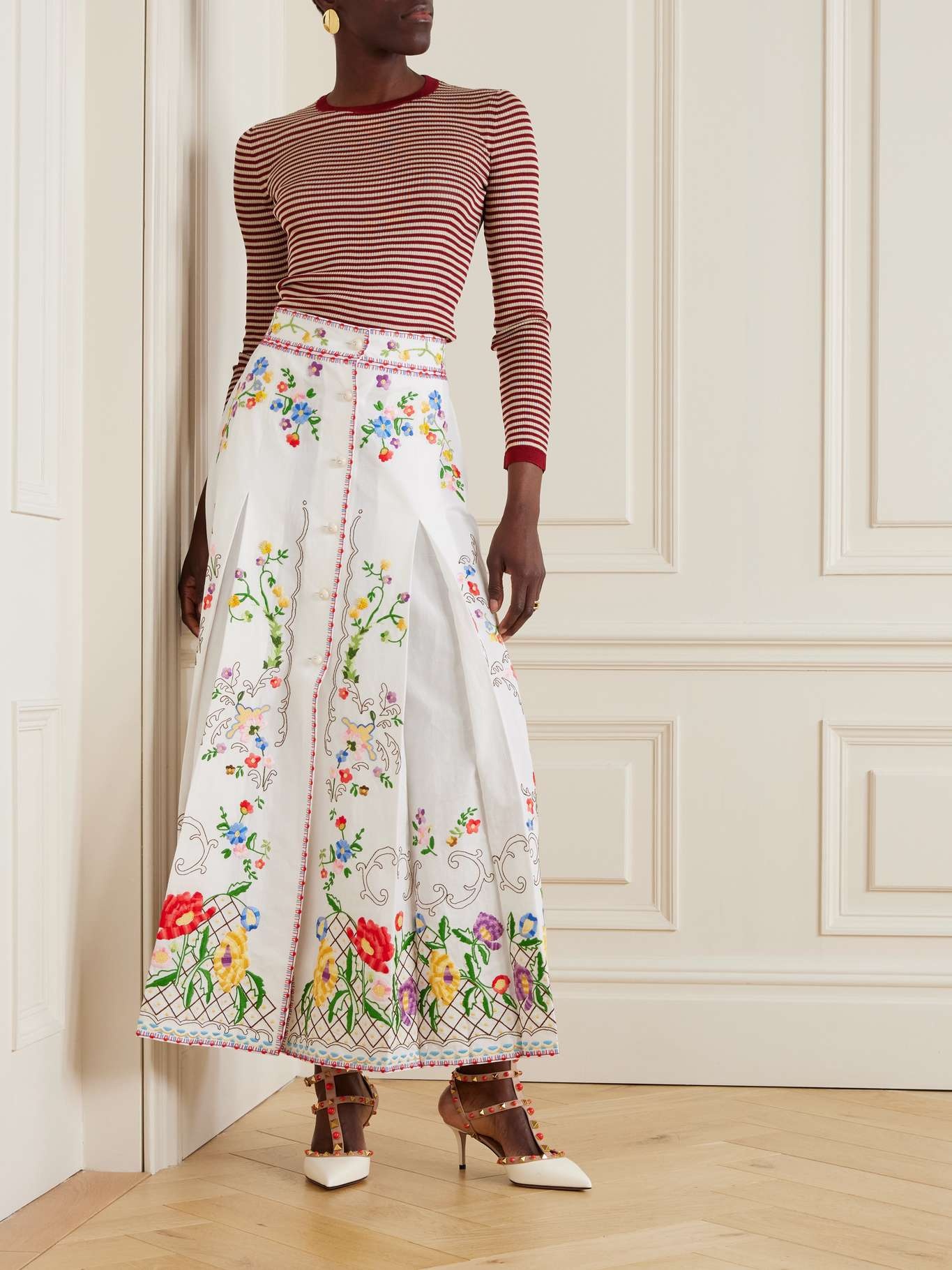 Valentino EMBROIDERED COTTON AND LINEN SKIRT | REVERSIBLE