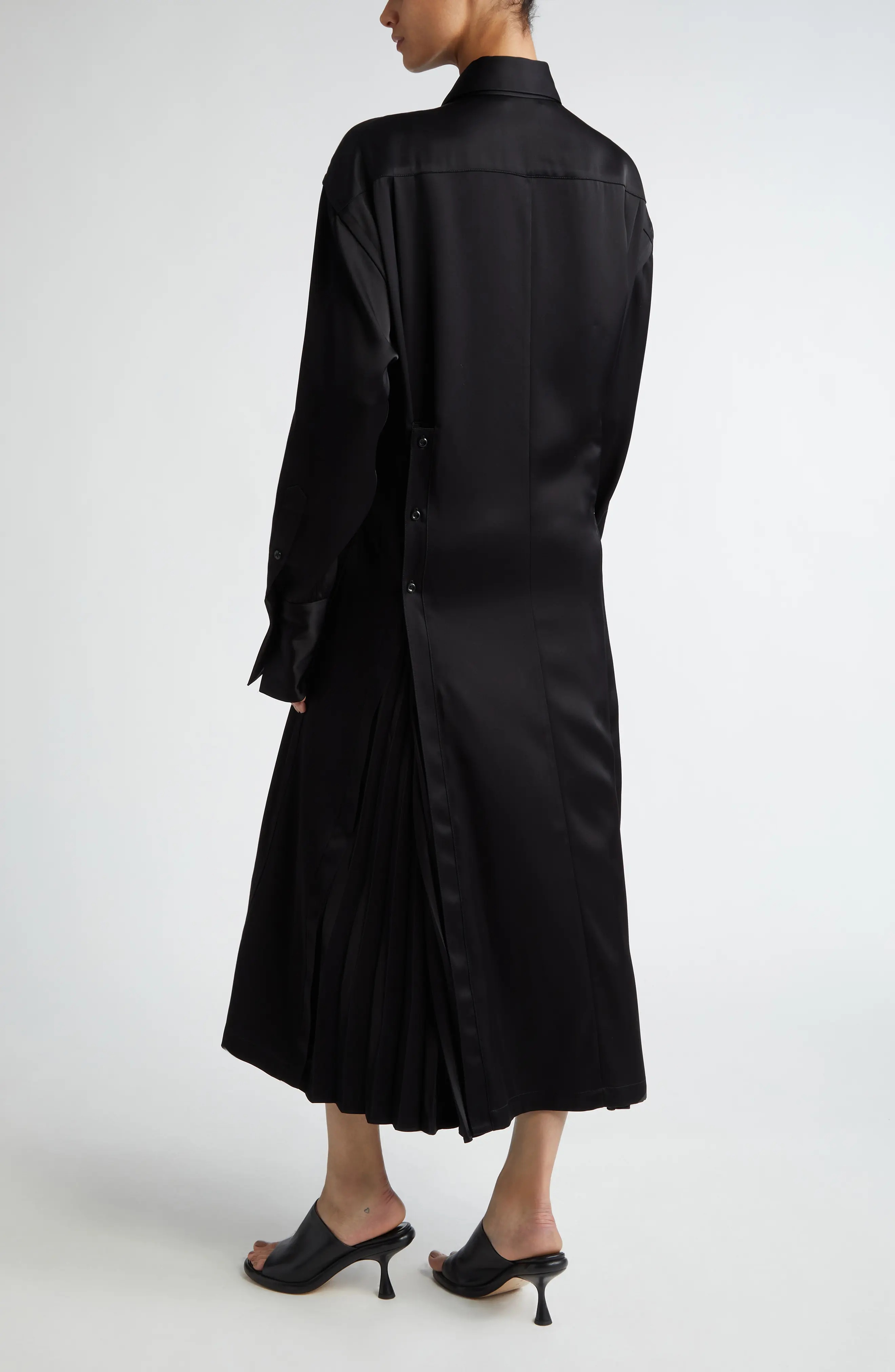 Pleated Long Sleeve Satin Shirtdress - 2