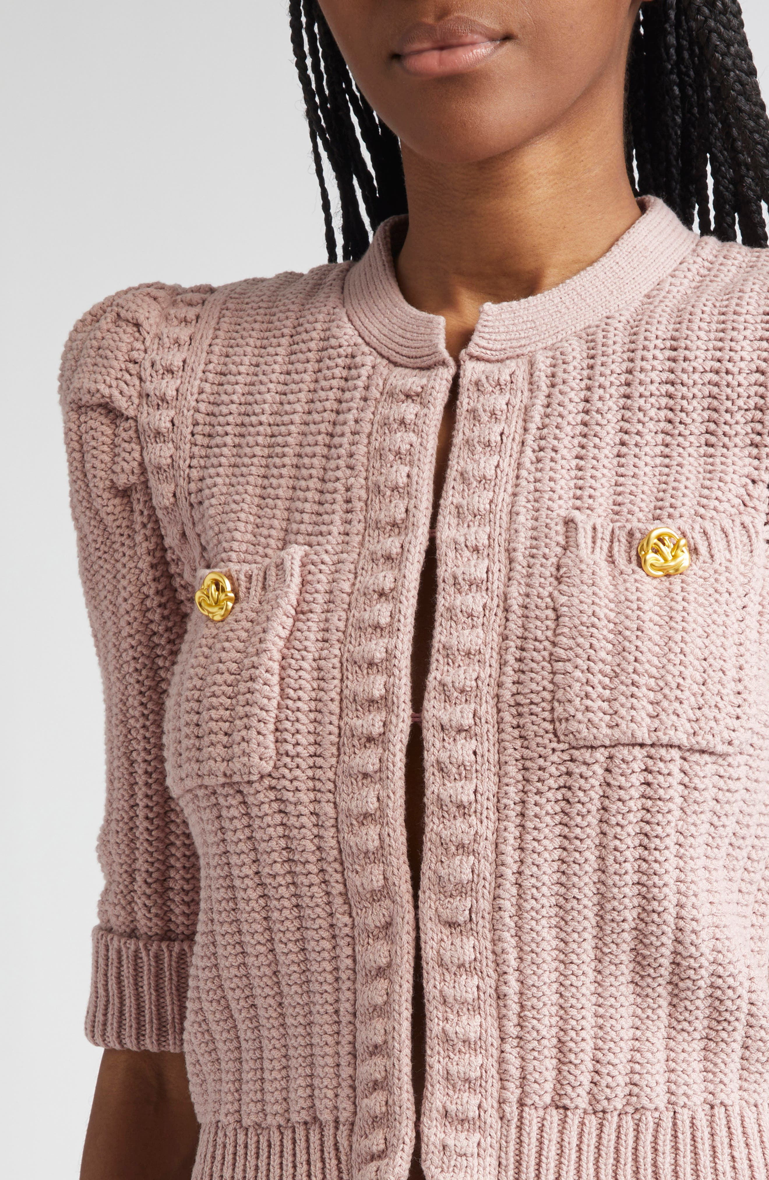 L'AGENCE Delilah Puff Sleeve Crop Cardigan in Light Mauve/Gold at Nordstrom - 4