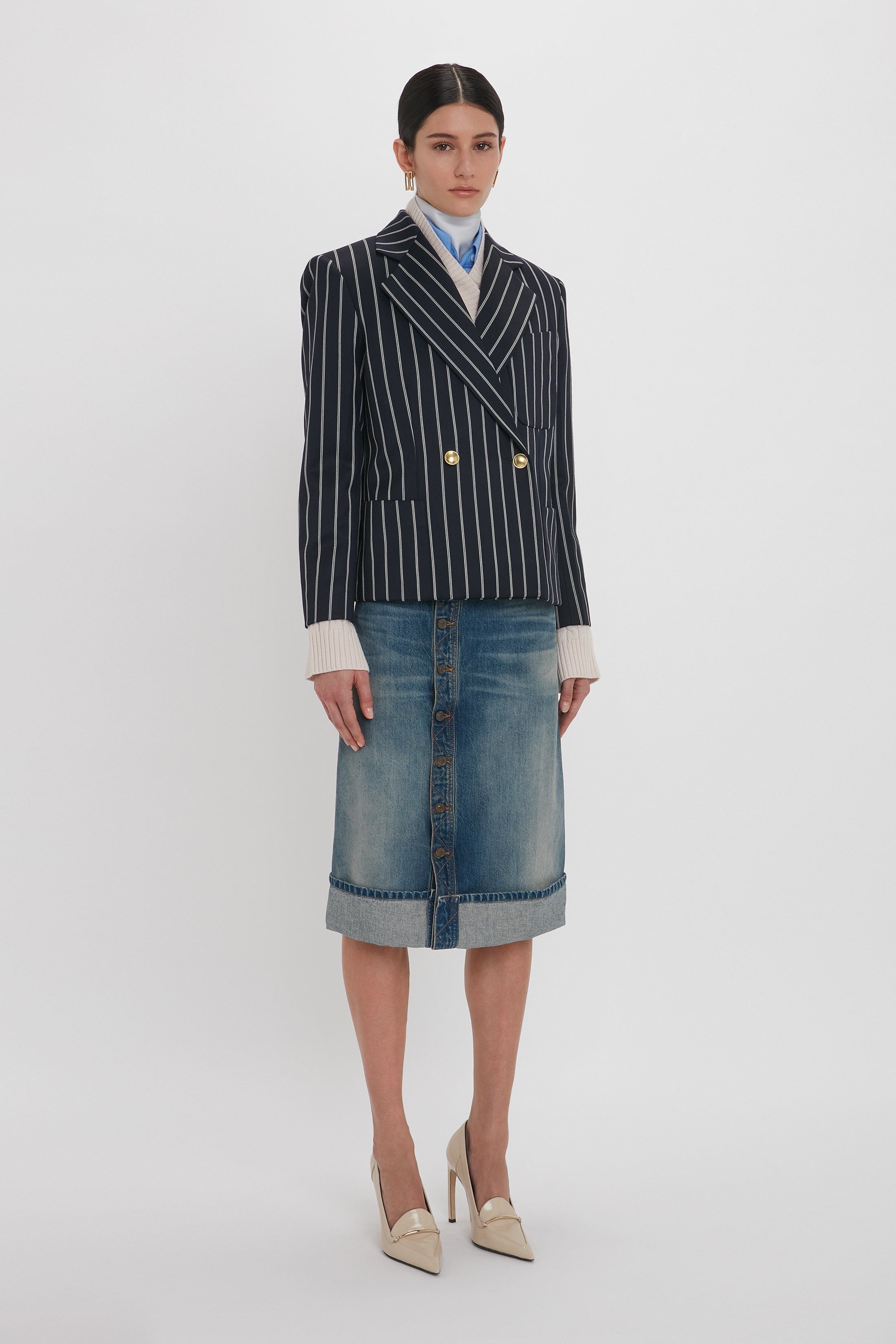 Cropped Double Breasted Jacket In Midnight-White - 3