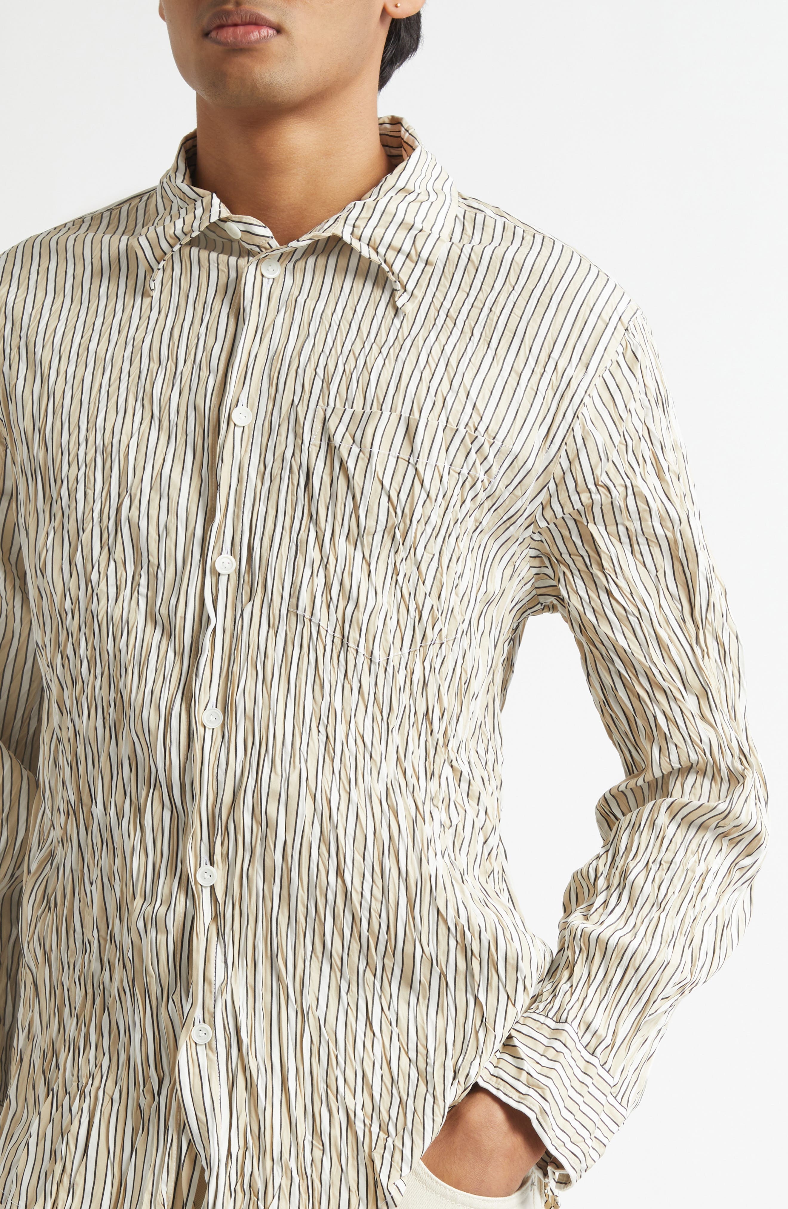 Bottega Veneta Crushed Technical Cotton Poplin Button-Up Shirt in 8773 Beige/White/Black at Nordstro - 5