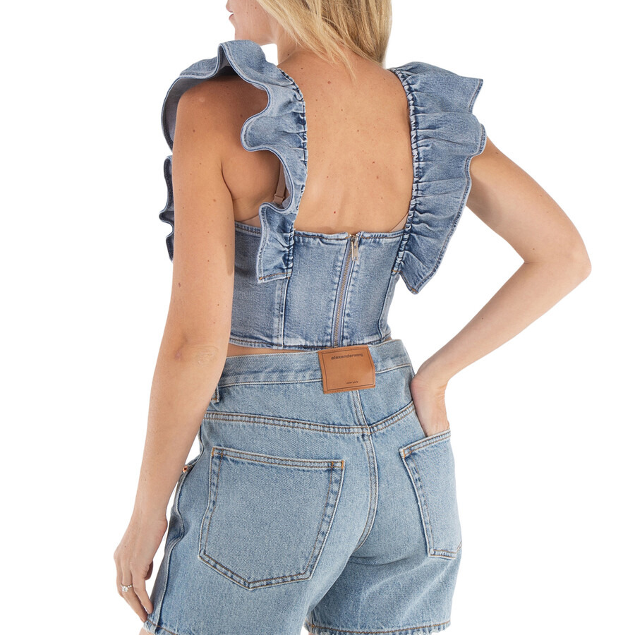 Ganni Stretch Denim Cropped Ruffle Top - 3