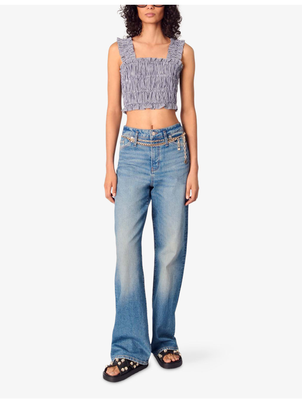 Gingham-Print Sleeveless Smocked Crop Top - 2