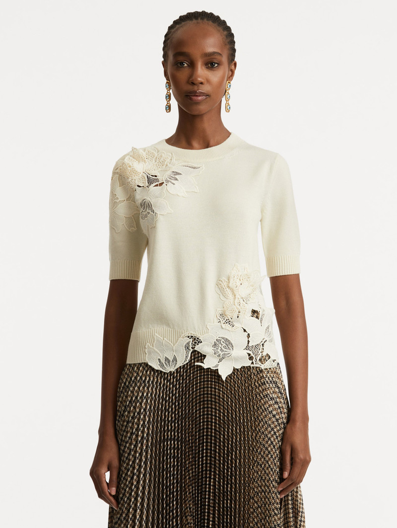 Oscar de la Renta PEONY GUIPURE INSERT PULLOVER outlook
