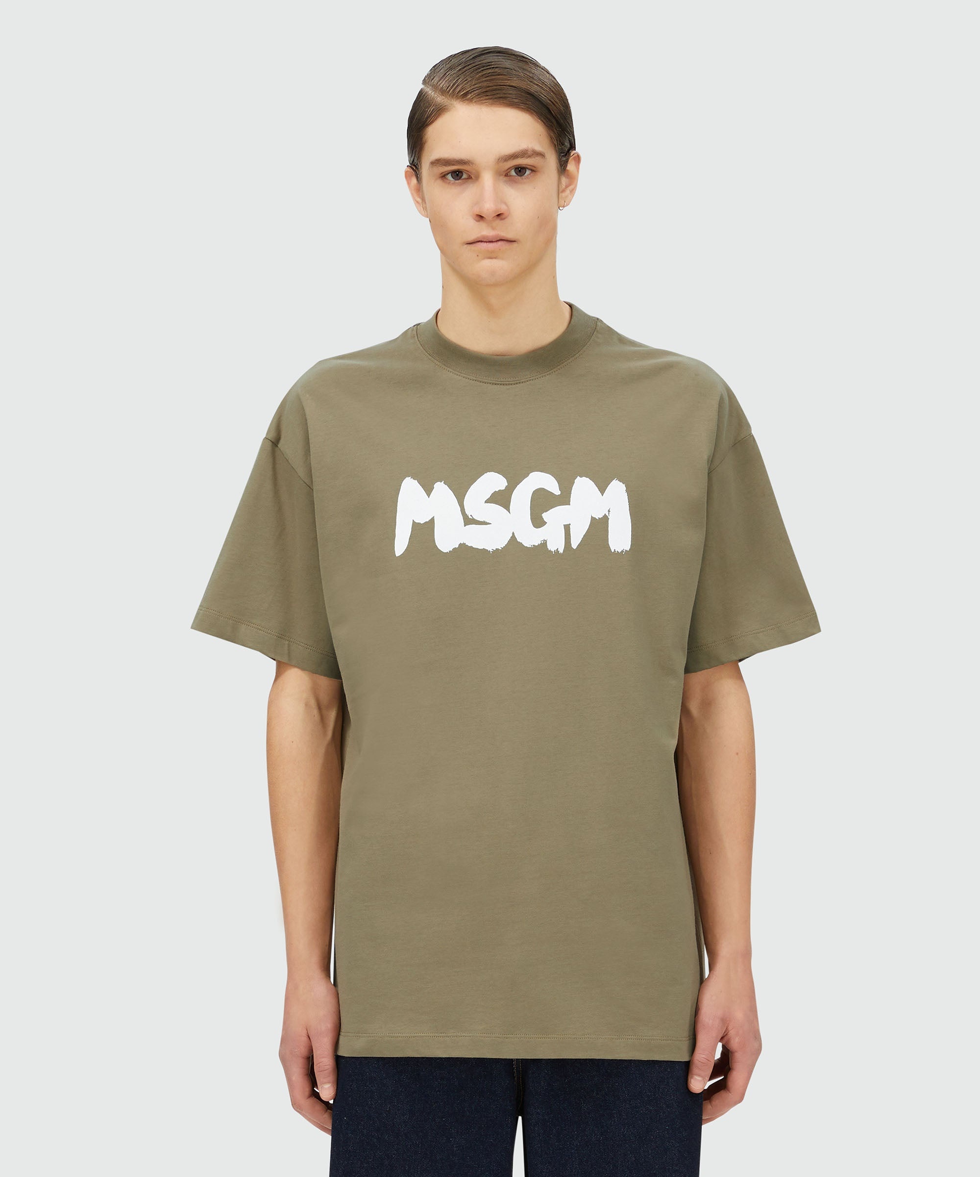 Military green jersey T-shirt with brushstroke logo - 2