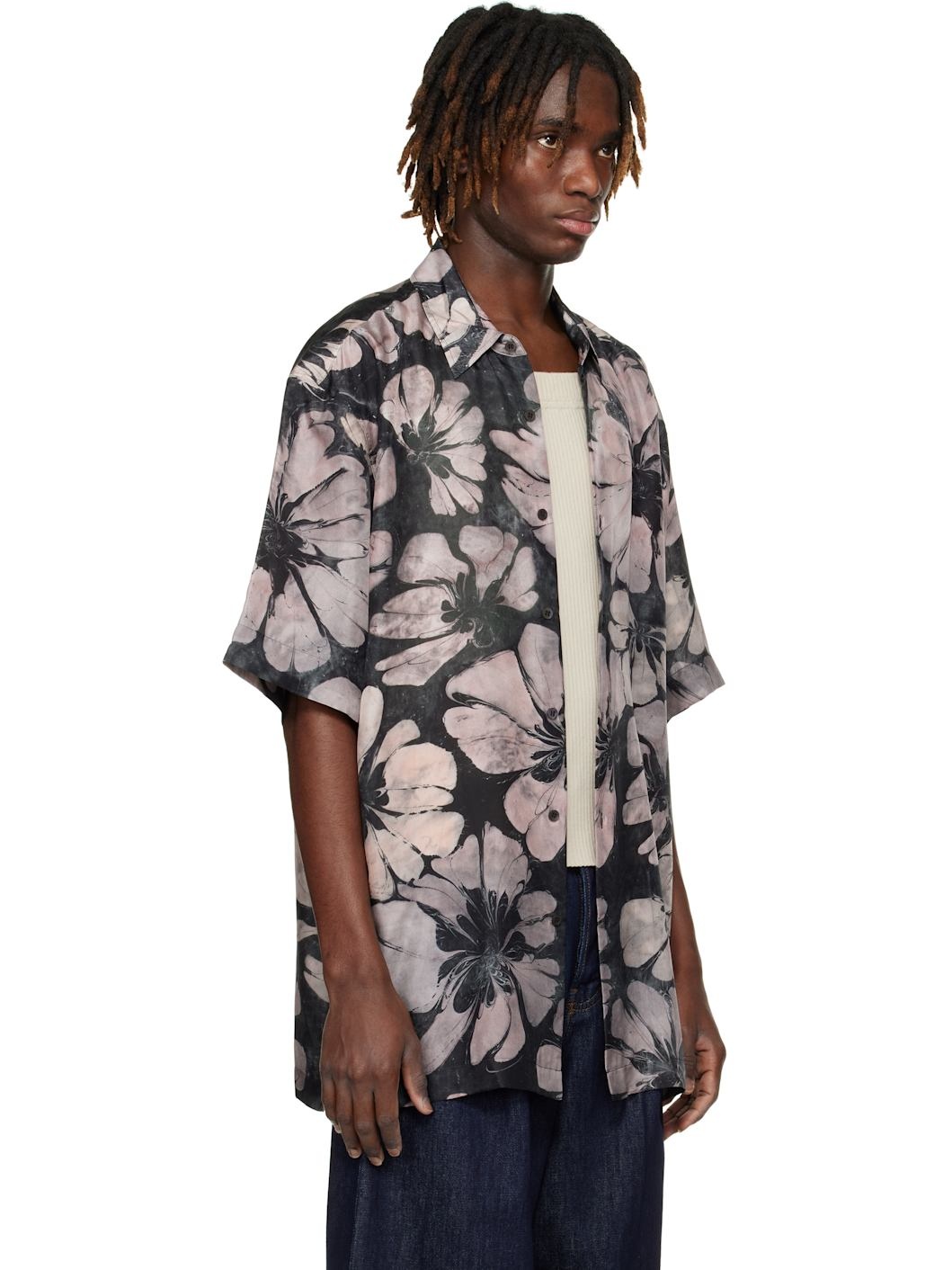 Black & Pink Silk Short Sleeve Shirt - 2