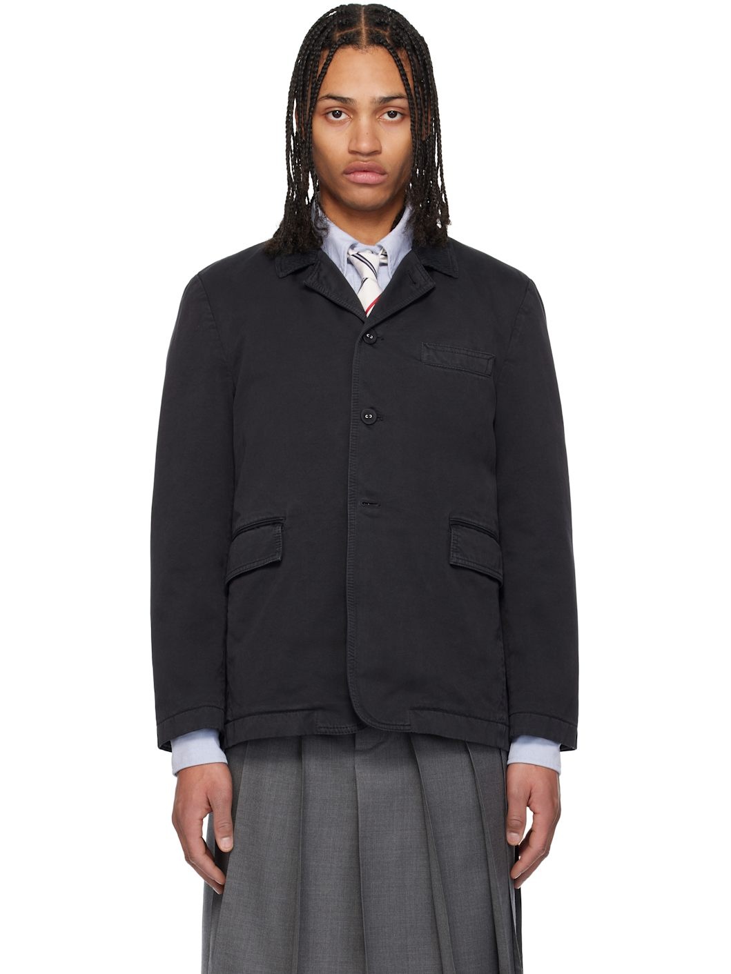 Black Cotton Twill Cutaway Blazer - 1