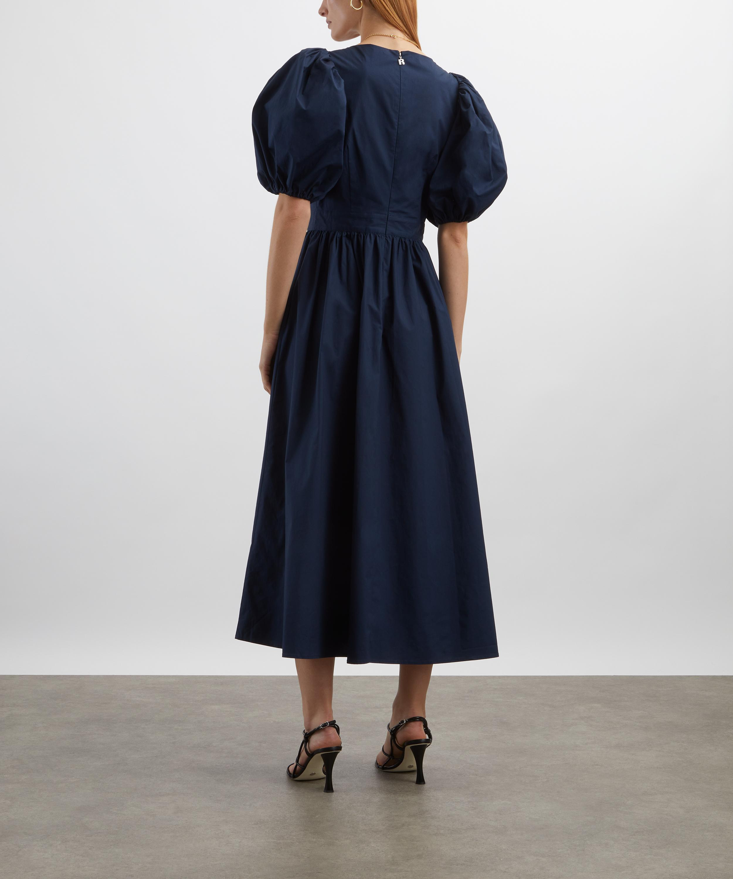 Dark Blue Puff-Sleeve Midi Dress - 4