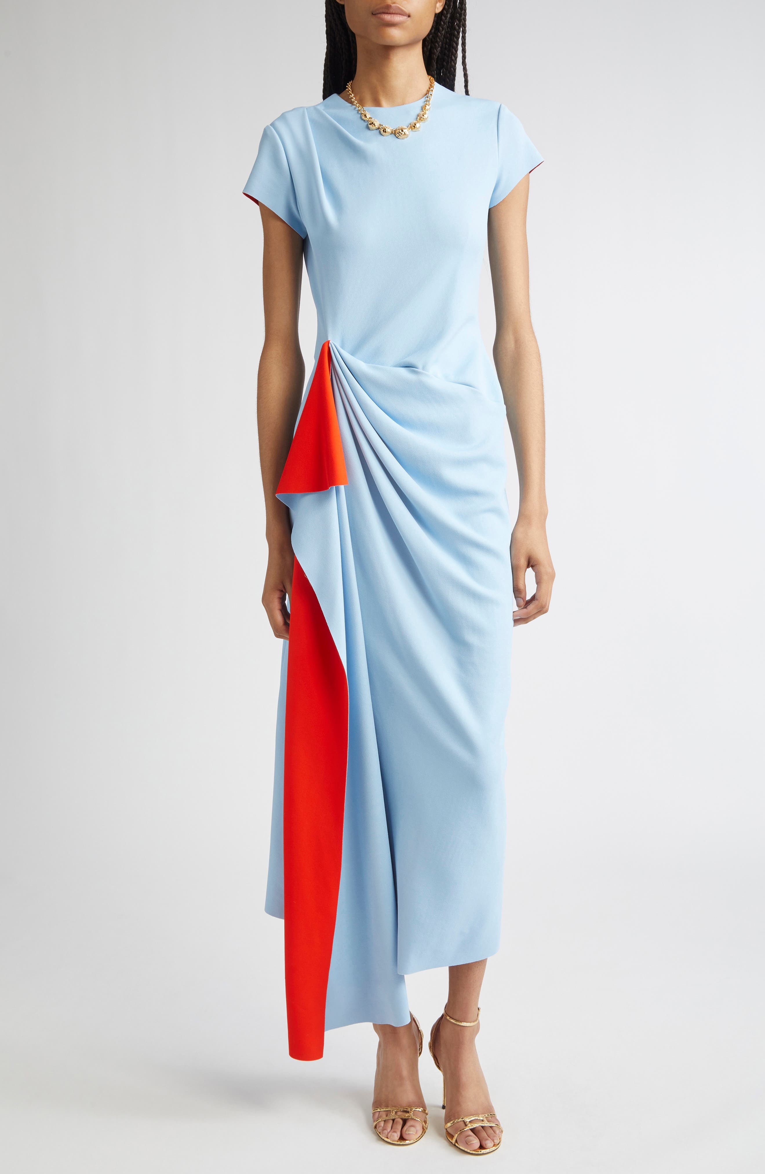 Oscar de la Renta Drape Front Double Face Jersey Dress in Blue/Carnelian at Nordstrom - 1