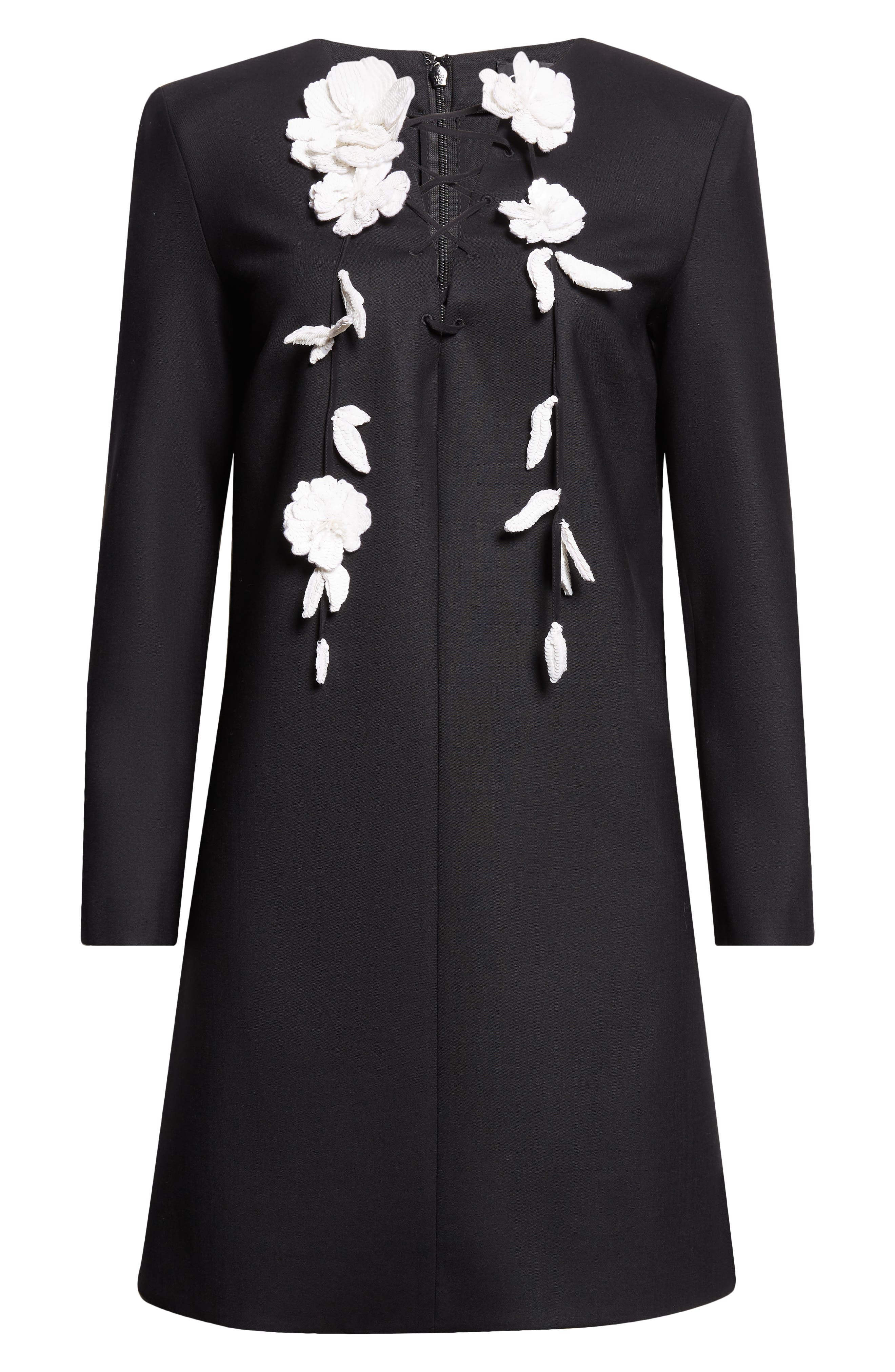 Oscar de la Renta Floral Embellished Long Sleeve Shift Dress in Black at Nordstrom - 1