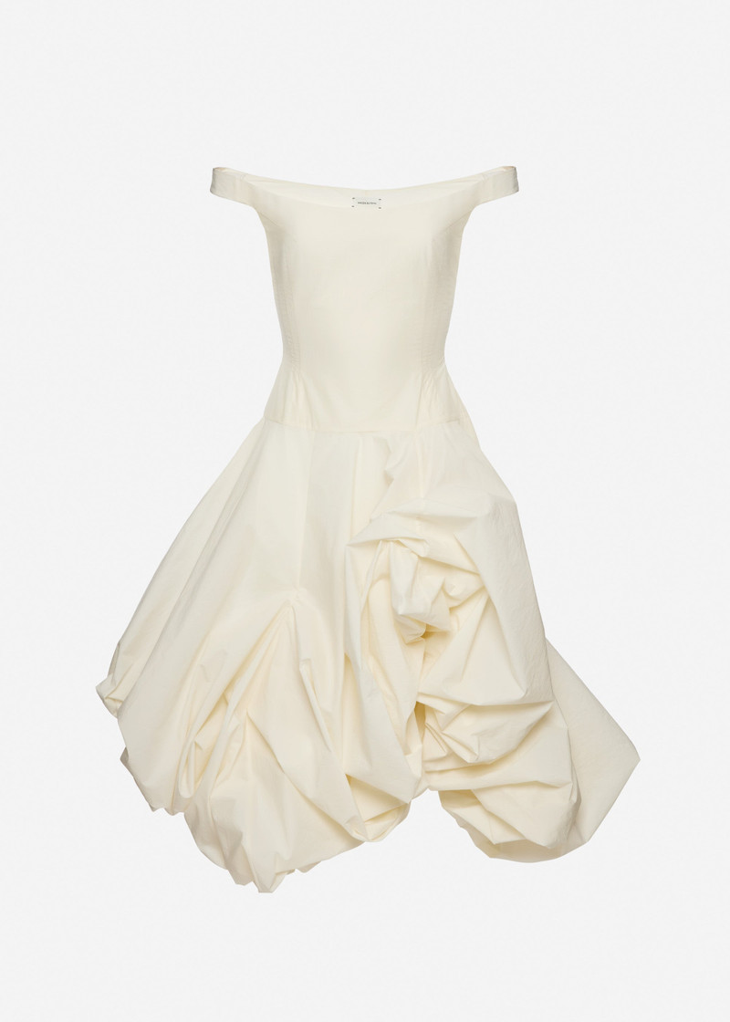 Off-shoulder maxi dress with adjustable skirt in cream 1
