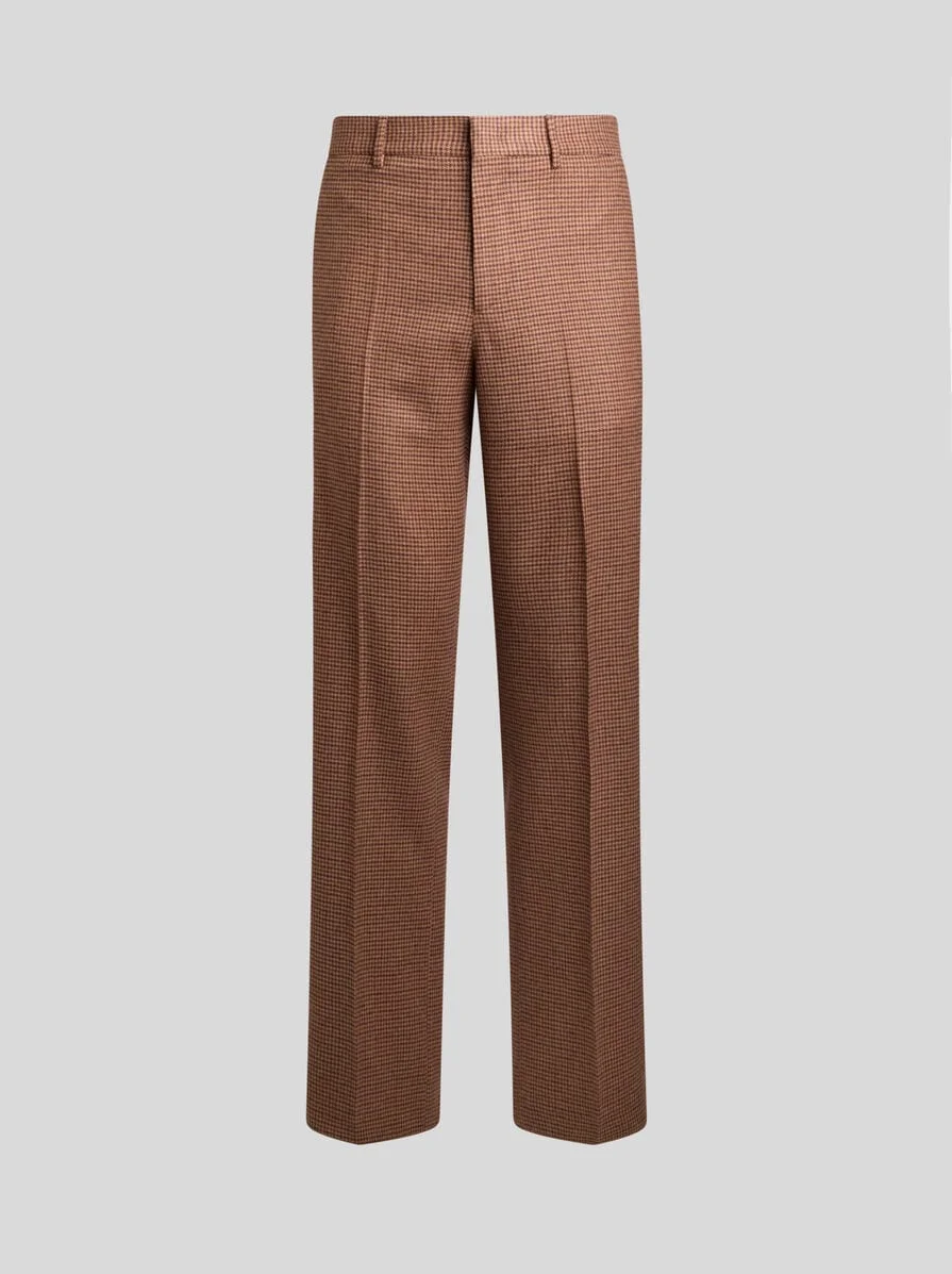 STRAIGHT-LEG WOOL AND CASHMERE TROUSERS WITH FEATHERS AND MICRO HOUNDSTOOTH PATTERN - 1