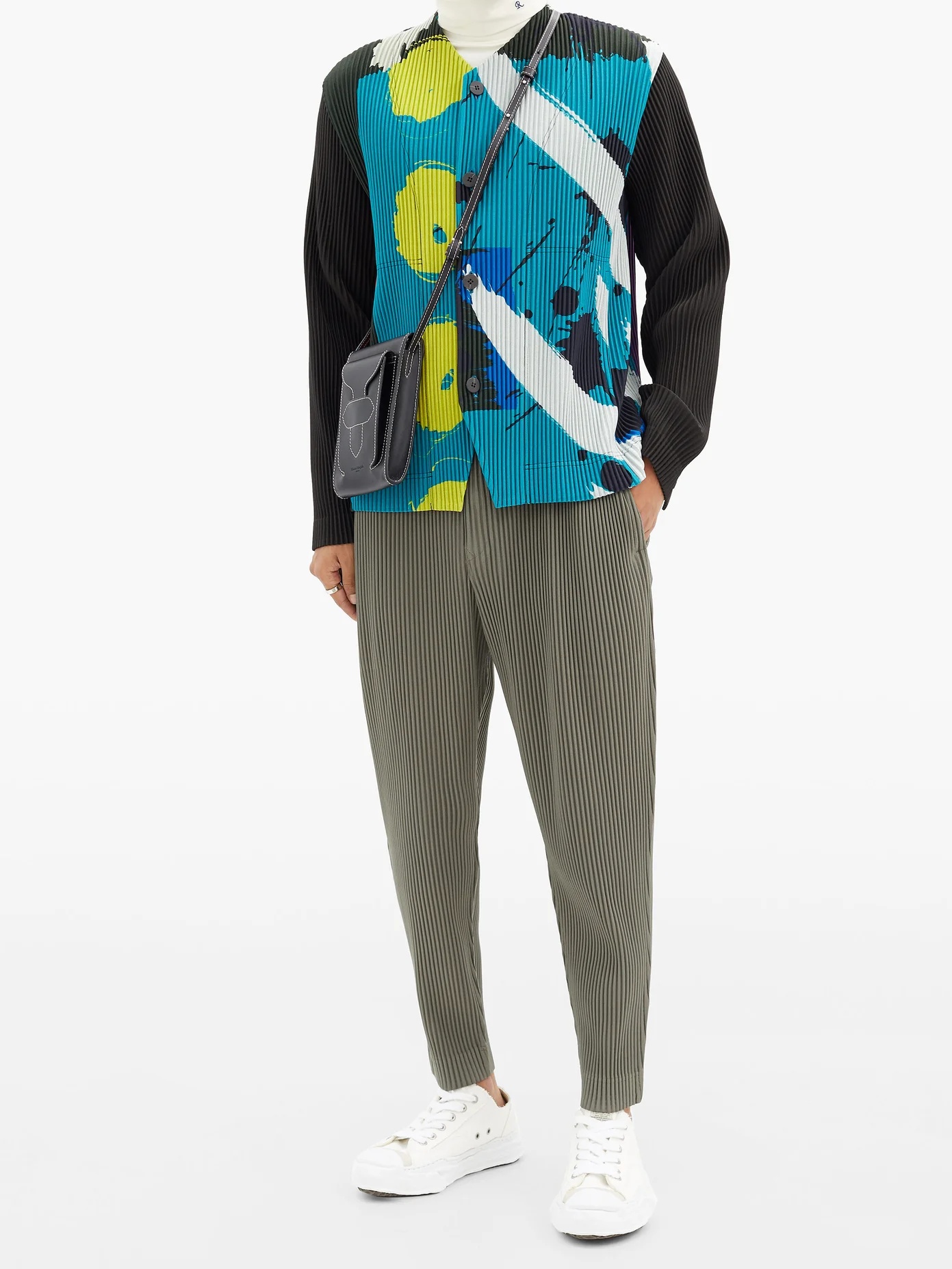 Brushstroke-print technical-pleated cardigan - 2